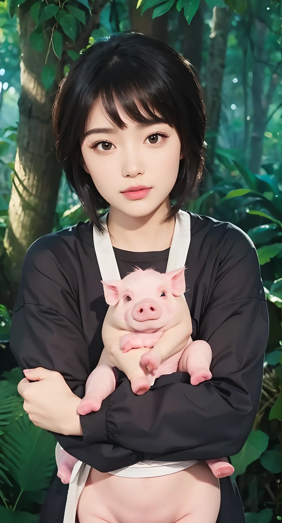Real life adaption of this character, beauty face,looking to viewer,realistic same hair ,realistic jungle with many grass background, hyper realistic, realistic light, realistic shadow, realism,(photorealistic:1.2), (realistic same outfit),Holding a realistic cute little pink pig, the pig is wearing the same clothes
