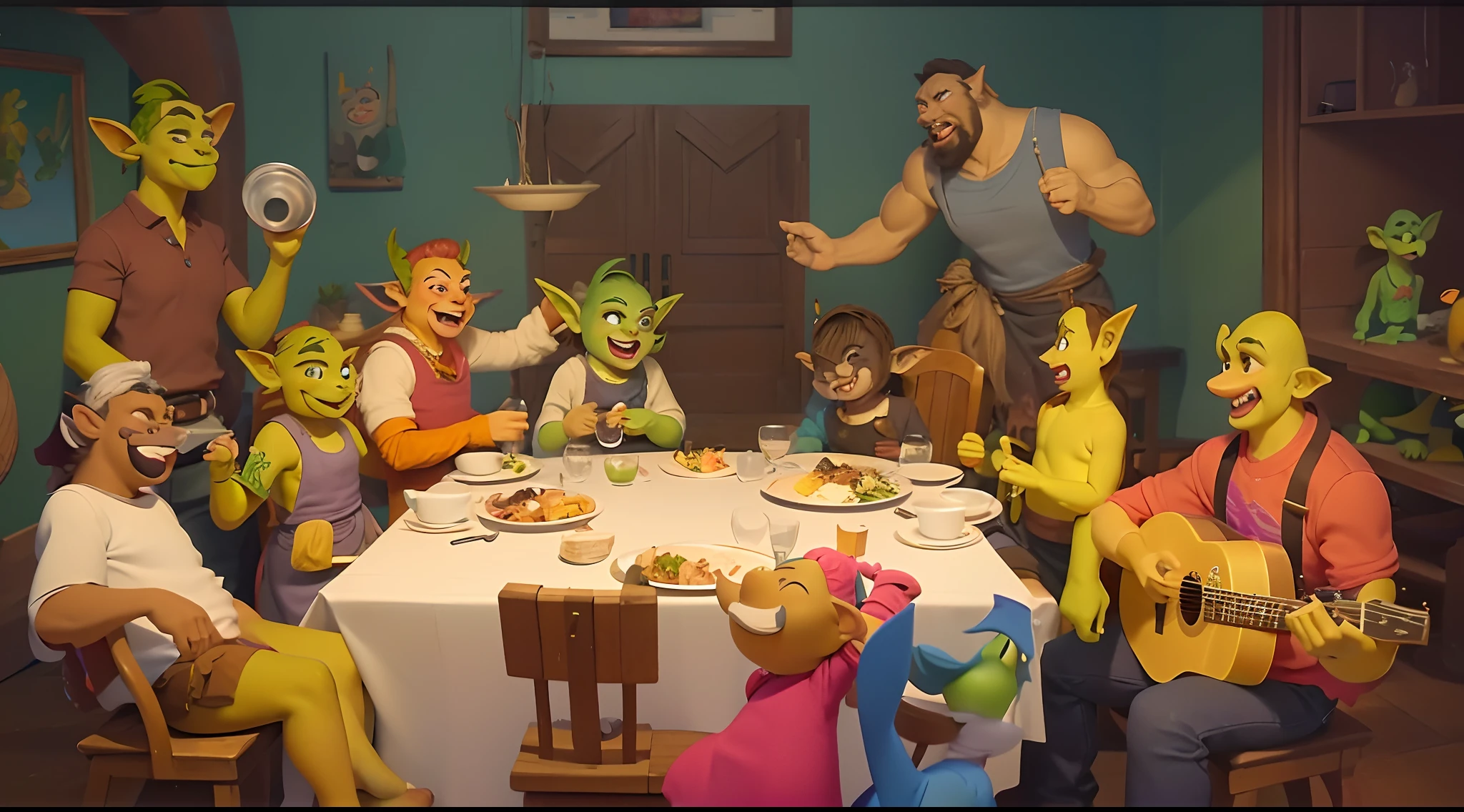 (masterpiece, ultra detailed, best quality:1.2),(highly detailed:1.2), there are many orcs and goblins sitting around a table with a guitar, family dinner, dnd supper, at a dinner table, videogame still, animated film still, everyone having fun, animation still screencap, scene from a dinner party, 9 adult orcs and 3 small goblin children, cat,