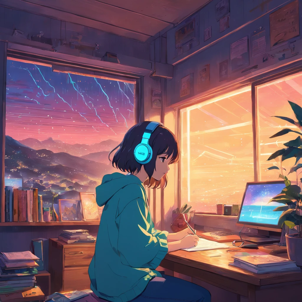 European Hippie Girl studying in her room, dreaming, Wear headphones, night lights, Neon landscape on a rainy day, Analog Color Theme, Lo-Fi Hip Hop , retrospective, flat, 2.5D ,Draw a line, Ink Drawing, Large slope, Watercolor painting, Goosch Colors, Studio Ghibli Style, Awesome colorful, Outer Ton, krautrock, lofi art,  70s style,Old texture, amplitude,psychedelic vibe, masterpiece, Tremendous technology,