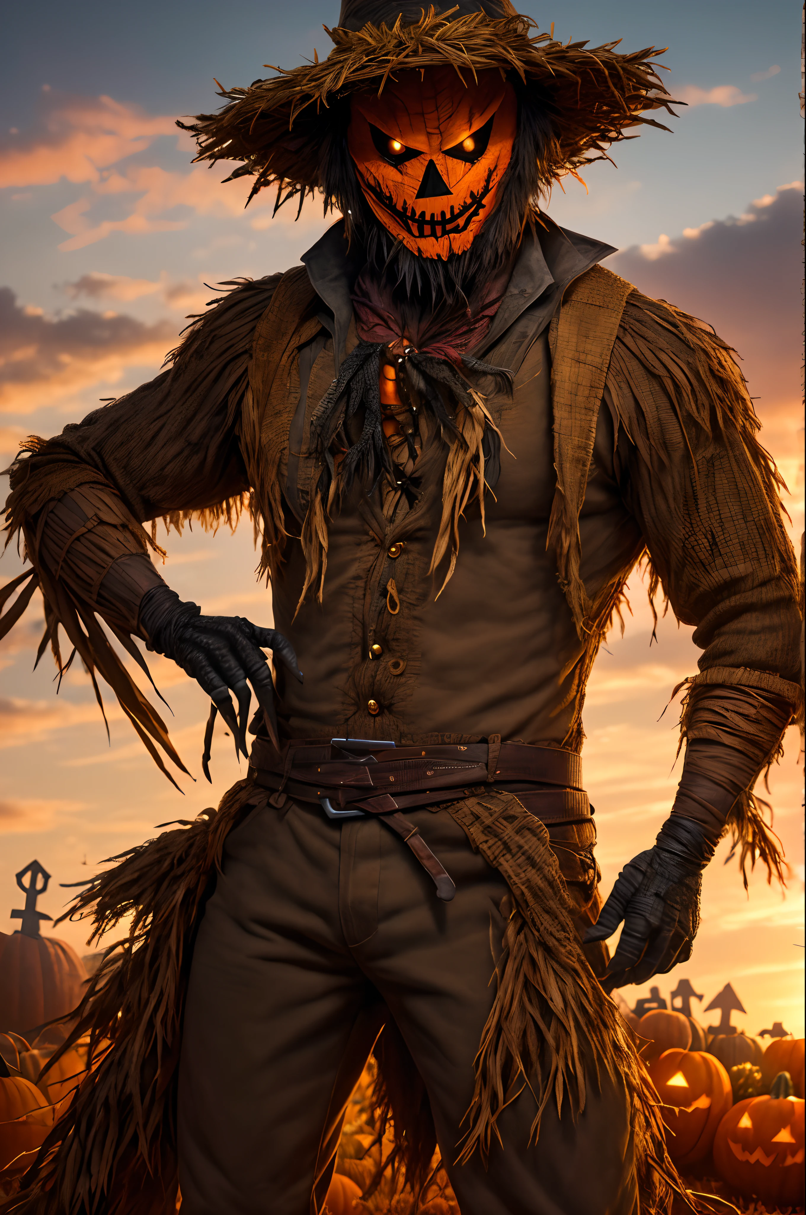 (extremely detailed 8k wallpaper), a medium shot photo of Scarecrow scary-monster made of straw from marvel, Halloween theme, Halloween decorations, intricate, high detail, dramatic
