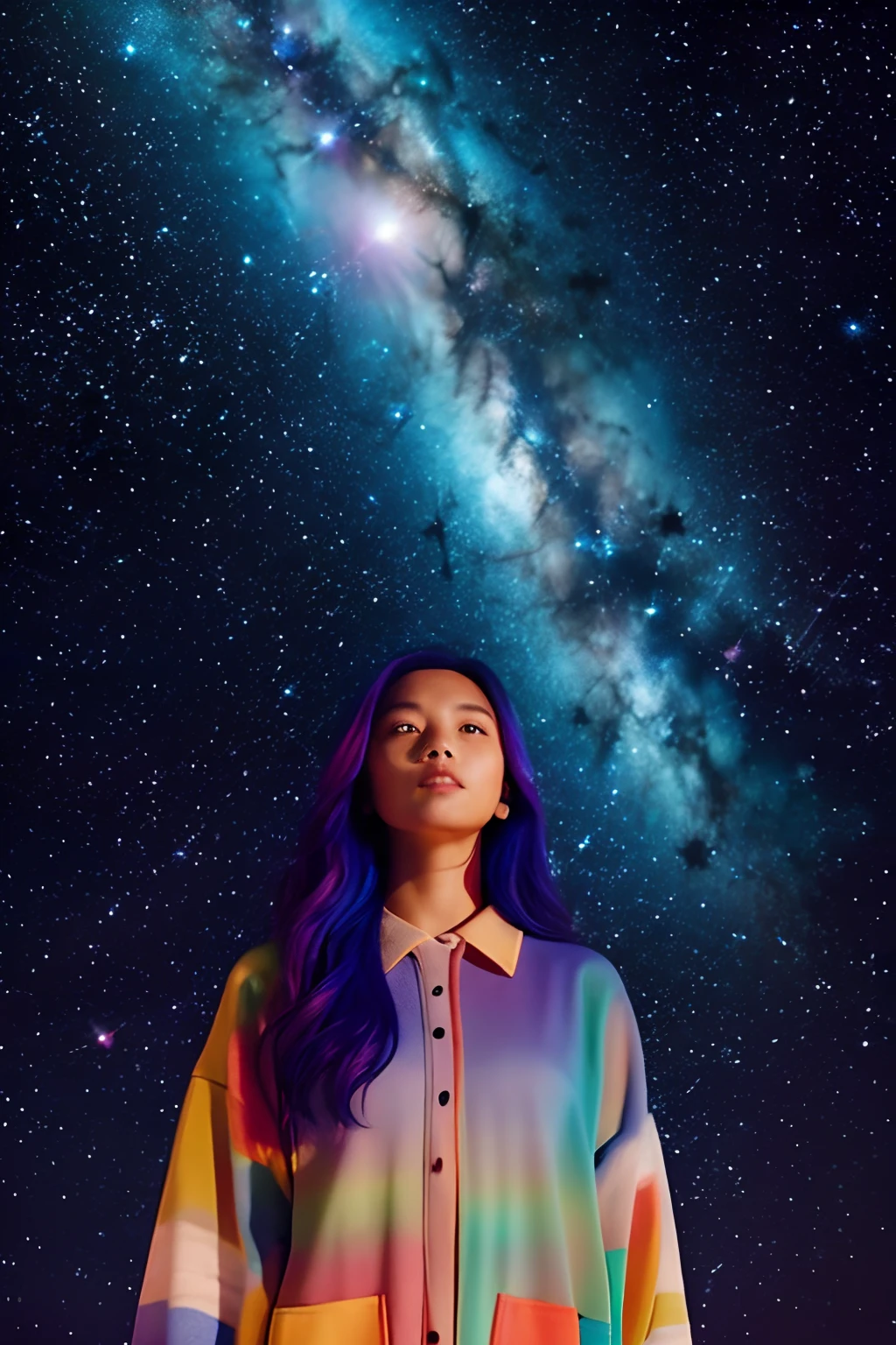 galaxy shooting star view seven colors woman born in Sirius melancholy realistic alien background galaxy remembering in one piece　Long