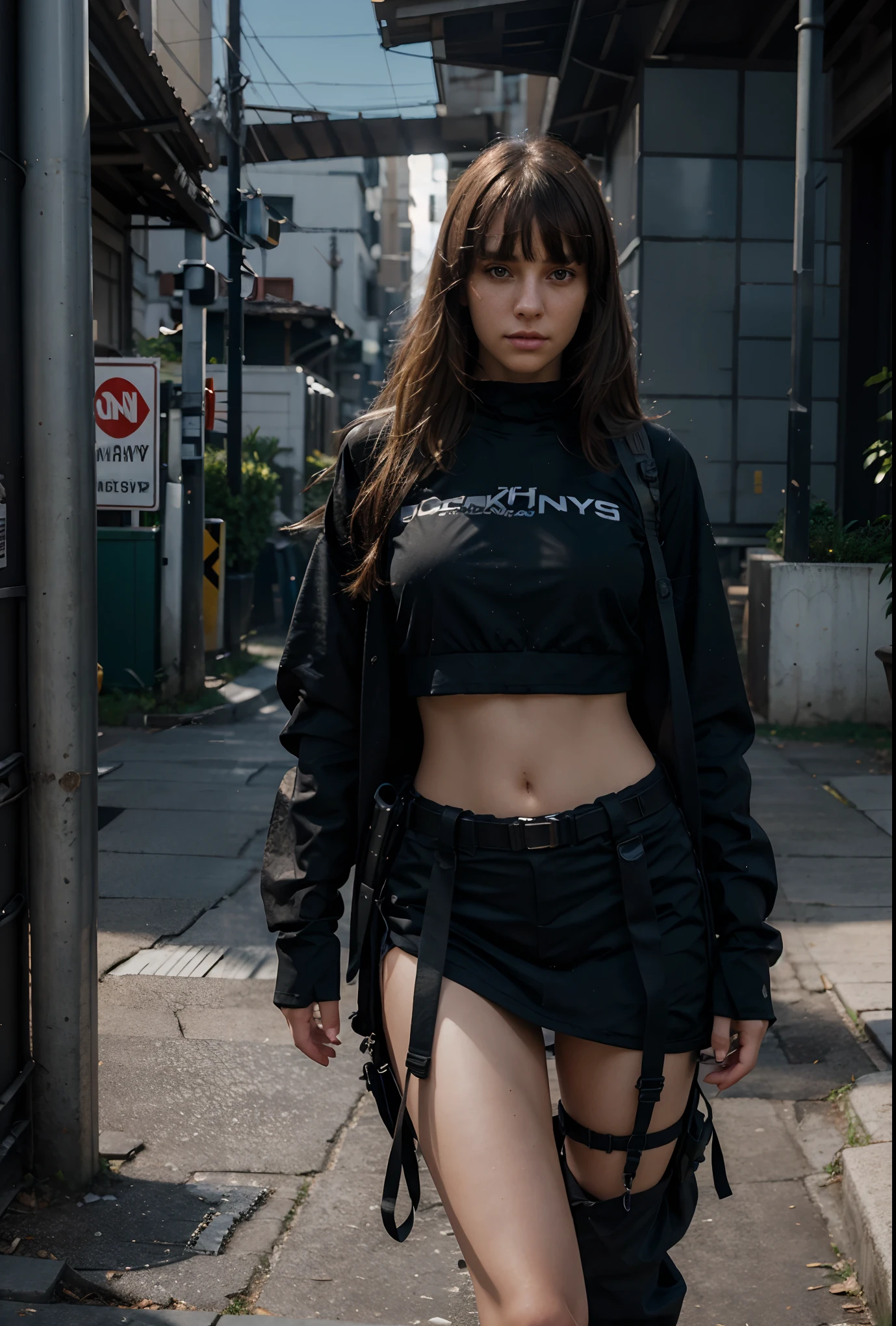 Natural photography of a beautiful girl, girl, hand on hip, gorgeous, expressionless, long flowing hair, big bust, photorealistic, photography, path tracing, specular lighting, blunt bangs, visible shadows, urban techwear, outfit, cowboy shot