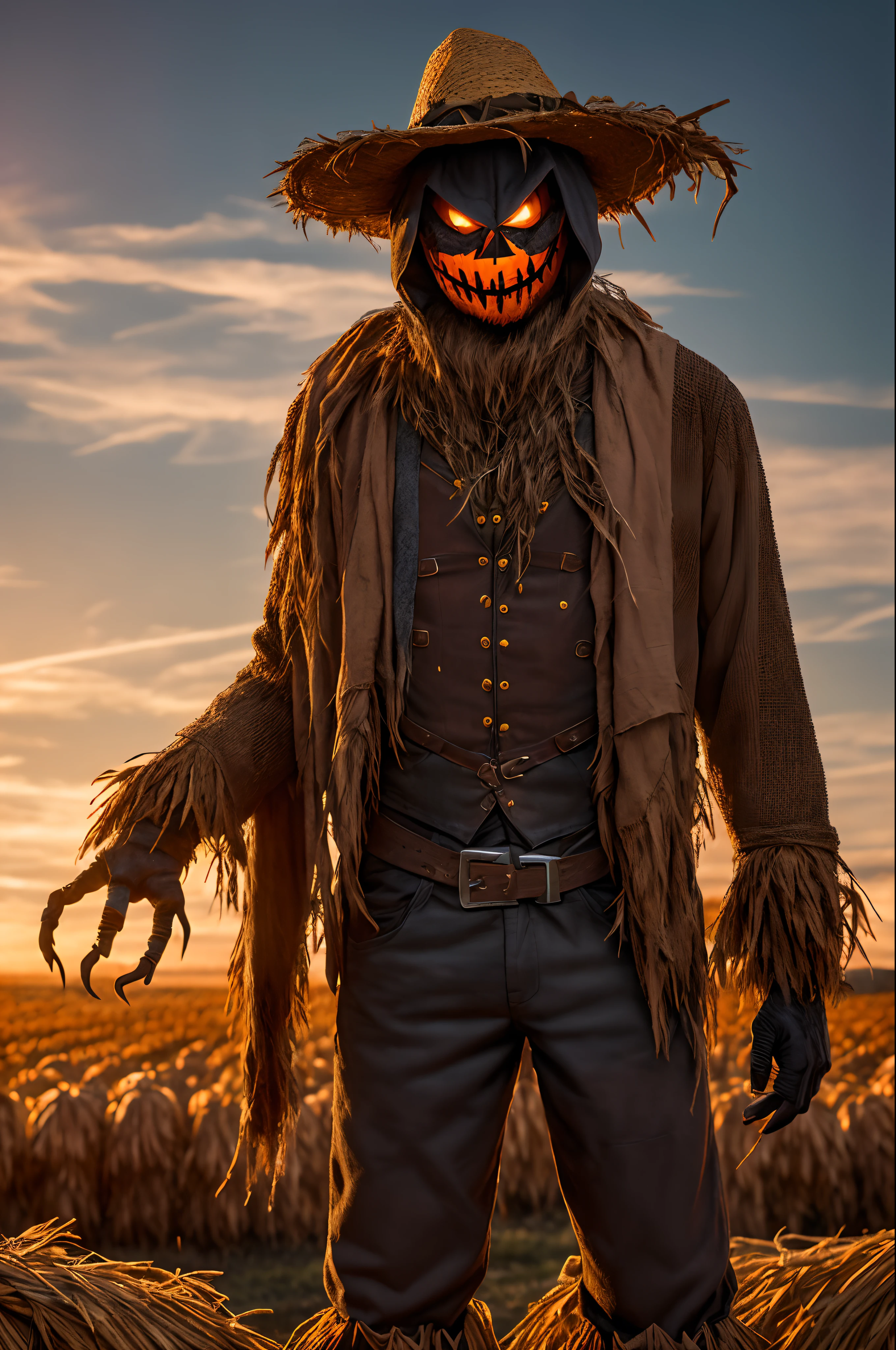 (extremely detailed 8k wallpaper), a medium shot photo of Scarecrow scary-monster made of straw from marvel, Halloween theme, Halloween decorations, intricate, high detail, dramatic