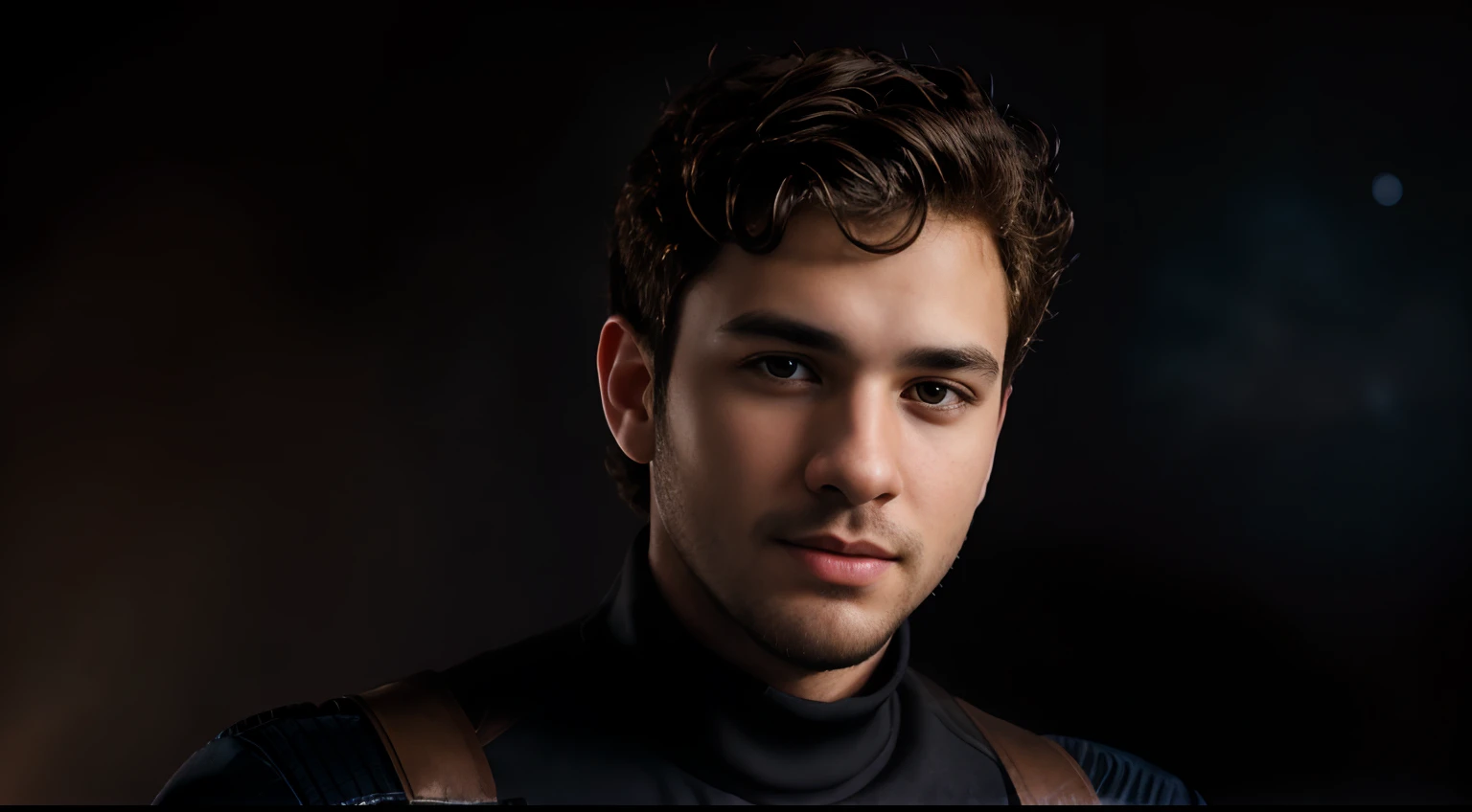 solo mid shot portrait photo of a young man, handsome male, curly:1.2, short haircut:1.8, face, beard, strong, powerful, black background, nebula background, warm rim light, f/11, strobist