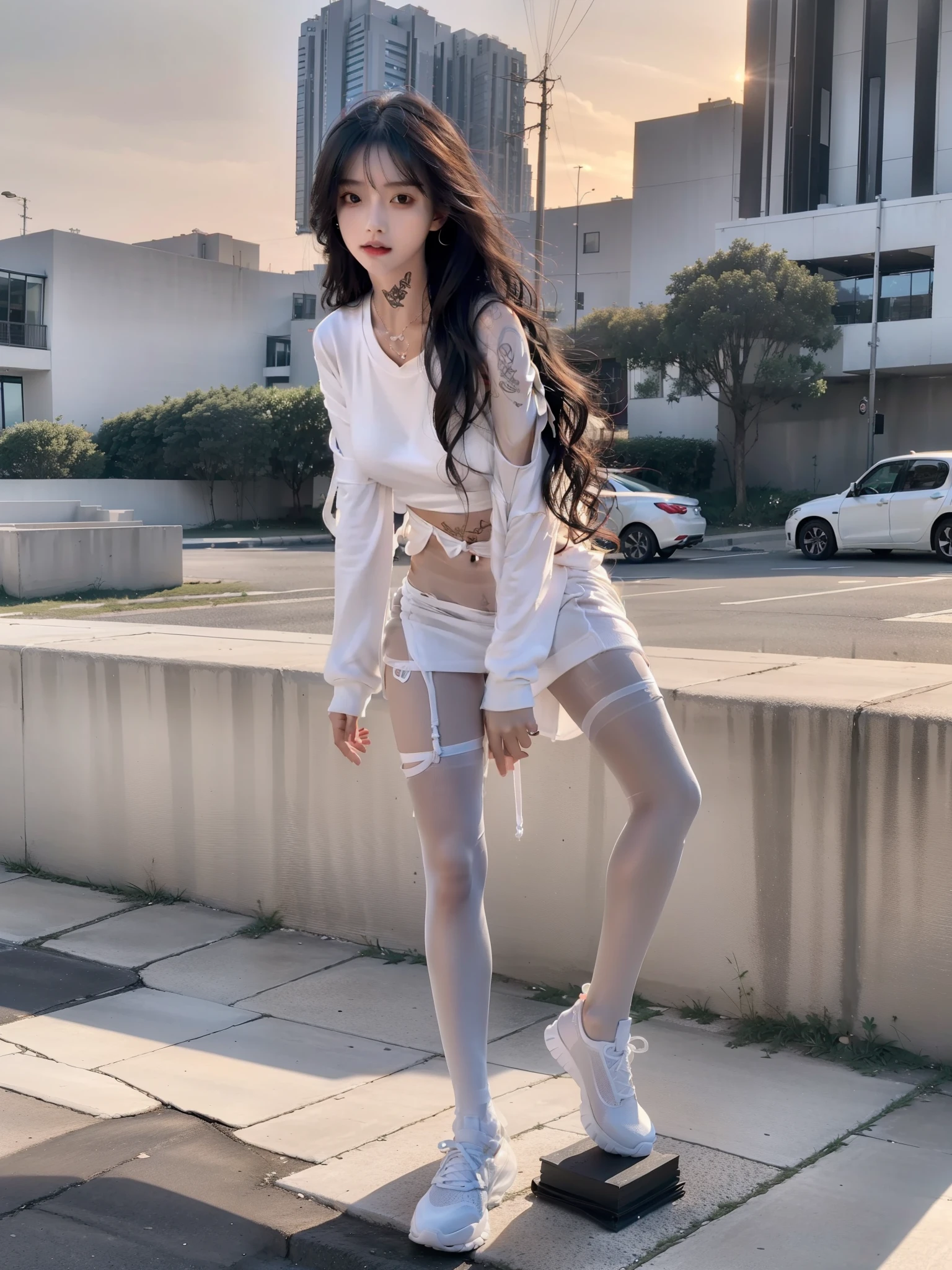 (full-body portraits:1.5)，(1girll:1.3),(view the viewer:1.4),(anatomy correct:1.4),(White sweatshirt:1.2),(Black translucent hose:1.3),(with tattoos:1.2),(wavy and long hair，Accurate and perfect face:1.3),(Slender and slender figure，Skinny，Skinny:1.2),(Smaller bust:1.3),(athletic sneakers:1.1),hyper HD, Ray traching, reflective light，structurally correct, Award-Awarded, High detail, Fade-in and fade-out shadow contrast, Face lighting ，Cinematic lighting, Masterpiece, super detailing, High quality, High detail, Best quality, 16k，High contrast