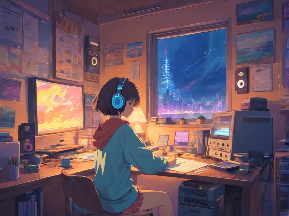 European Hippie Girl studying in her room, dreaming, Wear headphones, night lights, Neon landscape on a rainy day, Analog Color Theme, Lo-Fi Hip Hop , retrospective, flat, 2.5D ,Draw a line, Ink Drawing, Large slope, Watercolor painting, Goosch Colors, Studio Ghibli Style, Awesome colorful, Outer Ton, krautrock, lofi art,  70s style,Old texture, amplitude,psychedelic vibe, masterpiece, Tremendous technology,