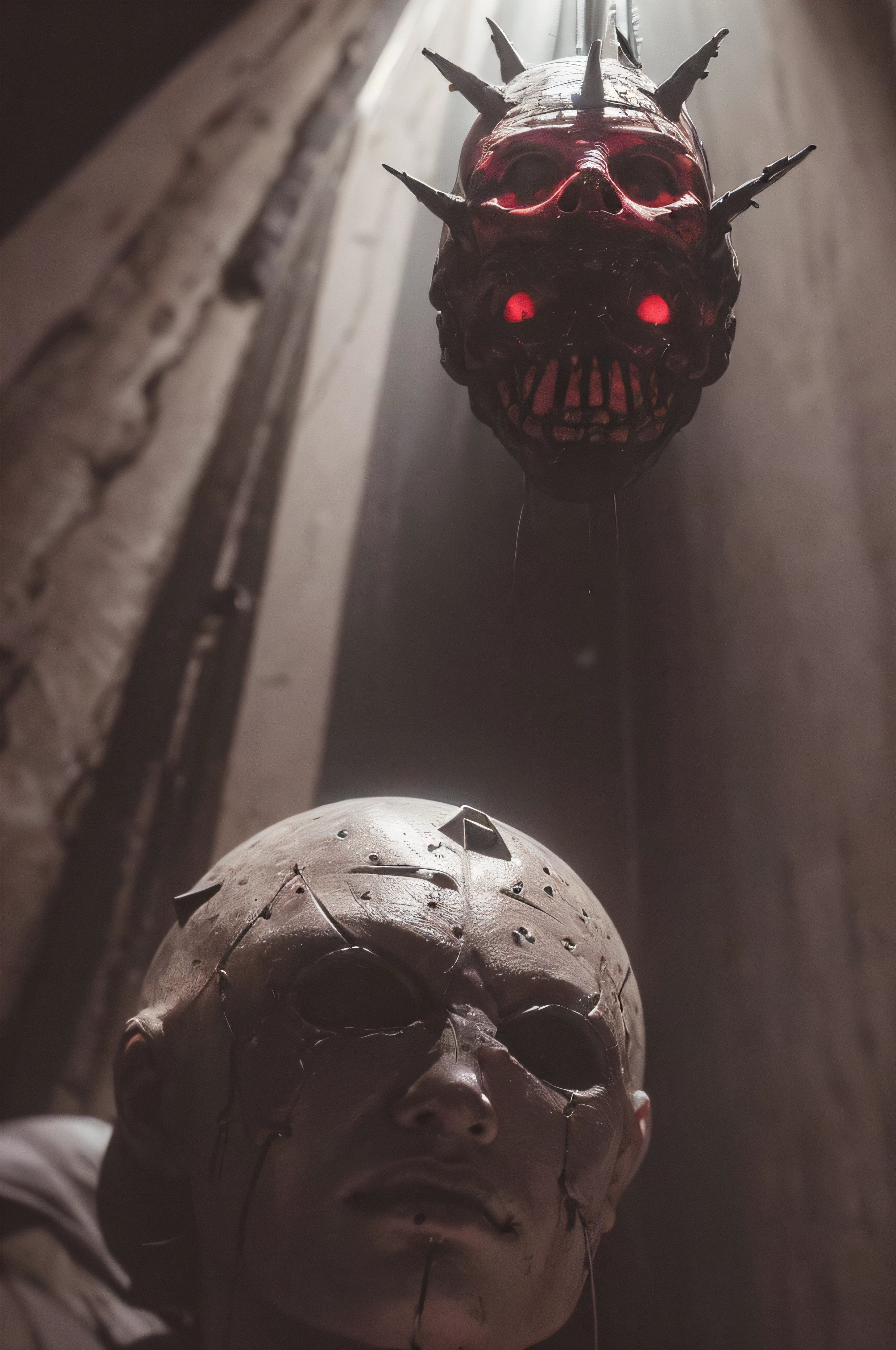 "(The best lighting, oscuro, dramatic),(feto calavera alien, Hellraiser, Cicatrices, , sexy, cerebro, sangre, una rata dentro de la cabeza, terror.),(ojos rojos, calaveras). morning light.