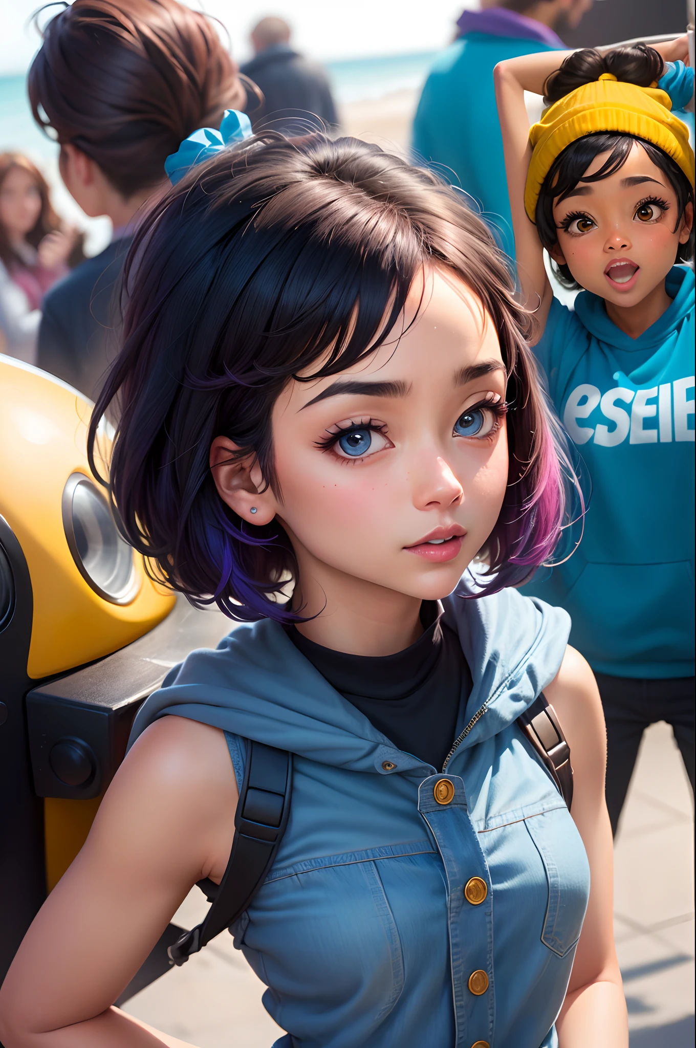Crie um personagem Disney Pixar
Filme estilo: enrolados
Menina
Pele negra
Cabelo crespo e cacheado solto
Olhos azuis
Vestindo moletom azul escuro
Fundo azul escuro com rosa choque vibrantes