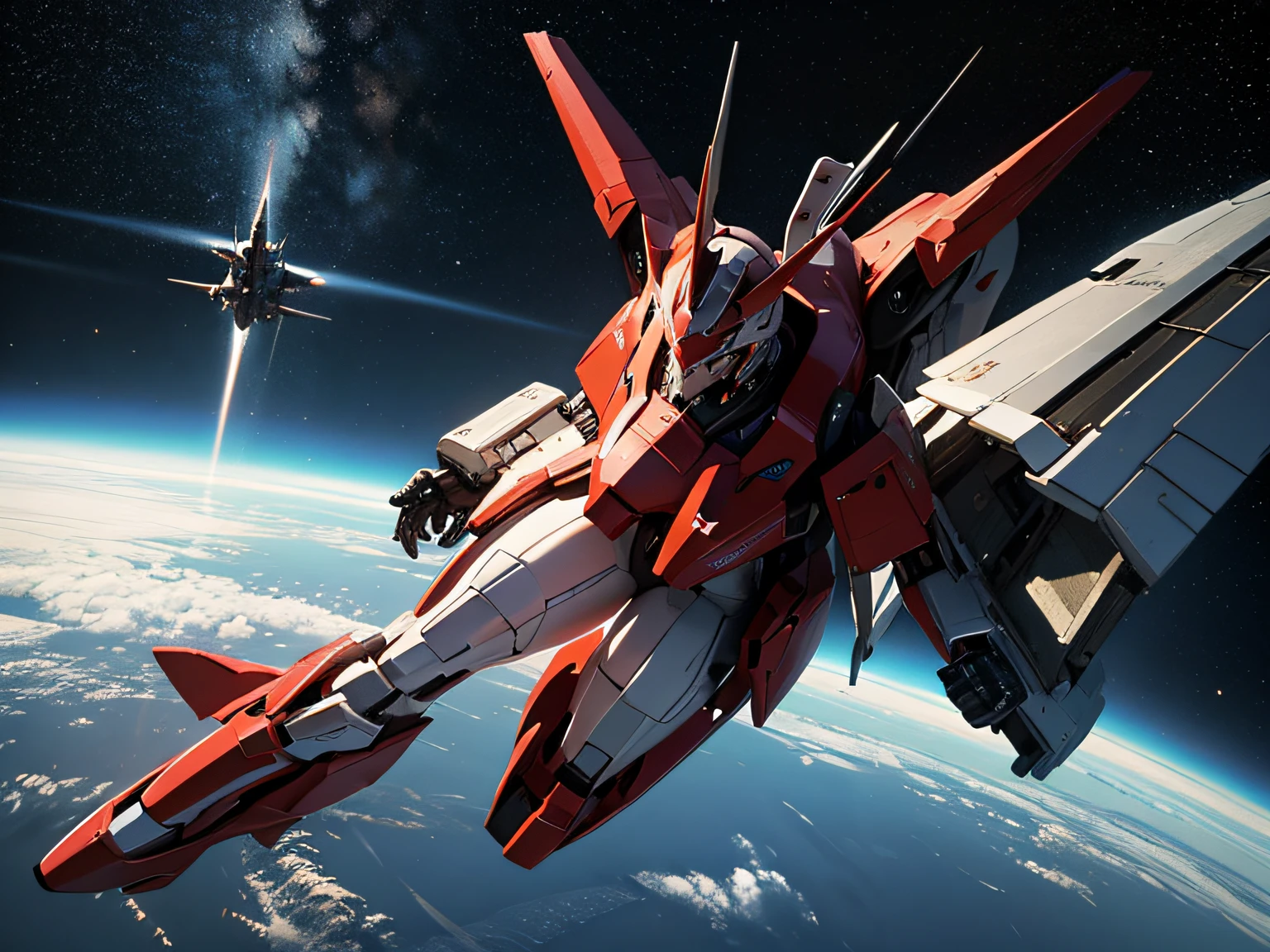 a red and white mobile suit robot, specifically the RGM-79 model, in space. The robot is depicted with beautiful and highly detailed features, The artwork is created using a combination of illustration and 3D rendering to achieve a realistic and photorealistic quality. The image is of the highest quality, with a resolution of 4K or 8K, showcasing ultra-detailed and sharp focus. The lighting in the scene is professionally done, highlighting the intricate details and creating a visually stunning effect. The color palette used in the artwork is vibrant and vivid, enhancing the overall aesthetic. The artwork is inspired by the concept of science fiction and captures the essence of a Gundam mobile suit floating in the vastness of space. Dramatic lighting, full body
