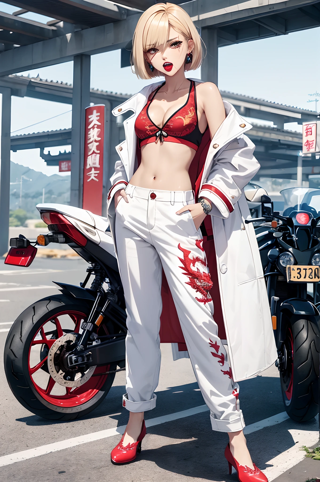 (master piece:1.4),ultra-quality, Hyper Detailed,Perfect drawing,3D Photography,16K illustrations、(((clearface)))、((Hi-Res))、1 persons、femele、Asian、Keep your hands in your pants pockets、Standing、(((a blond)))、(((a short bob))),The tattoo、(((Whitening skin)))、((Violet lipstick))、(Raised corners of the eyes)、((Outrage:1.1))、((chin raised))、(((opens his eyes wide)))、((despise:1.2)),((glares:1.2))、((Big open mouth:1.2))、(((Shout loud:1.3)))、((Wrinkles between the eyebrows))、(numerous piercings in the ears), BREAK (Red Theme:1.5), ((Red Outerwear, Oversized red pants, Red baggy pants): 1.4), (She wears a long red coat with dragon embroidery over a black tank top:1.5), ((cleavage, 鎖骨) :1.2), ((Navel, ankle):1.3), (Pump 1.2), (earrings:1.2), (Chinese charactersa, Chinese characters:1.2),((Old Style Motorcycle:1.3)),(((car park))),Detailed drawing、Perfect Photo