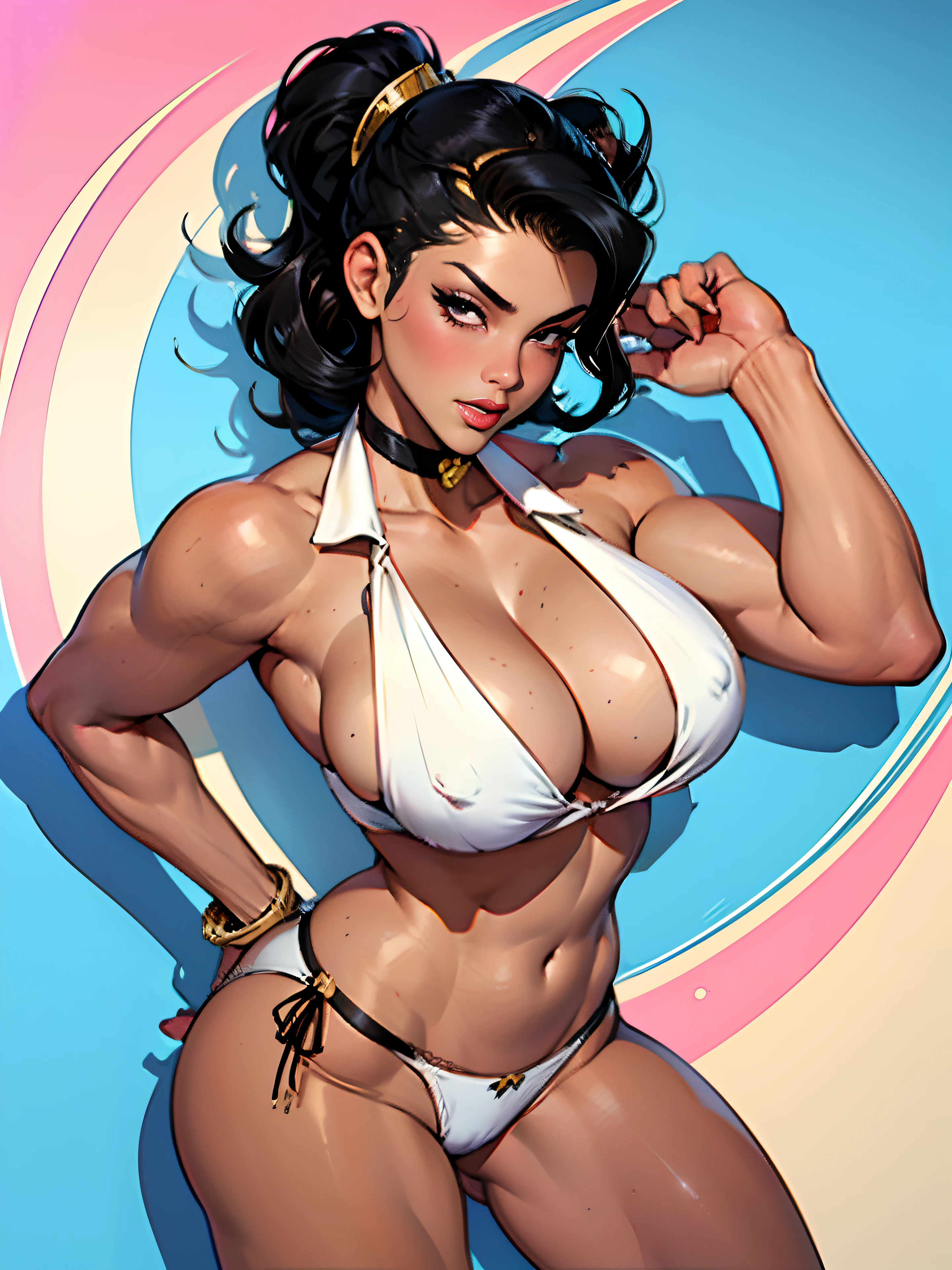 (high quality, best rendering), (beautiful girl), black hair, (bombshell, pin-up style), psychopath, crazy face, sexy pose, 2 piece outfit, pastel, centered, scale to fit dimensions, micro thong, micro bikini, camel toe