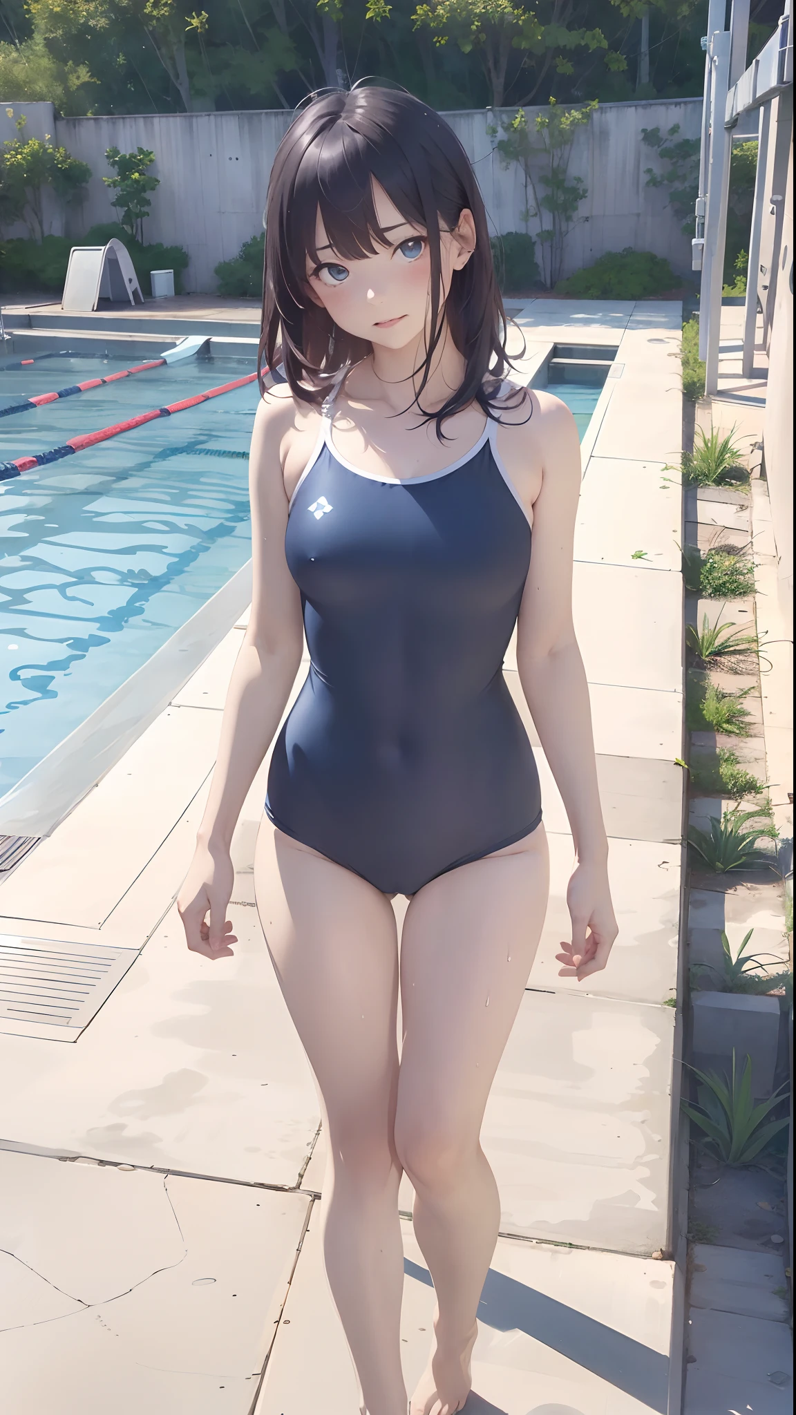 there is a woman in a blue and white swimsuit posing for a picture, akikazu mizuno, Swimsuit, Wet swimsuit, Sui Ishida, wearing a swimming wear, Yasumoto Oka, Kazue Kato, mayuri shiina, Shiori Teshirogi, wearing leotard, Chiho Ashima, Aoi Ogata Formal Up、beautiful detailed eyes and face、pretty skin、a very cute、22year old、School swim wear(darkblue、Simple design、Matte texture、Wrinkle、Polyester material、Nero、shadings、)Wet body、Anime Face、Beautie、Facing the front、big eye(Beautiful fece、Anime Face、Clear eyes、Fine details、Beautiful eyes)Well-formed face(Beautiful nasal muscles、Perplexed、sharp mouth)full of sweat、sodden、Wet feeling、Background with(sunny sky、takeout)、8K picture quality、perfectly proportions、A slender、red blush、female focus on, hair adornments,length hair, Look at viewers,