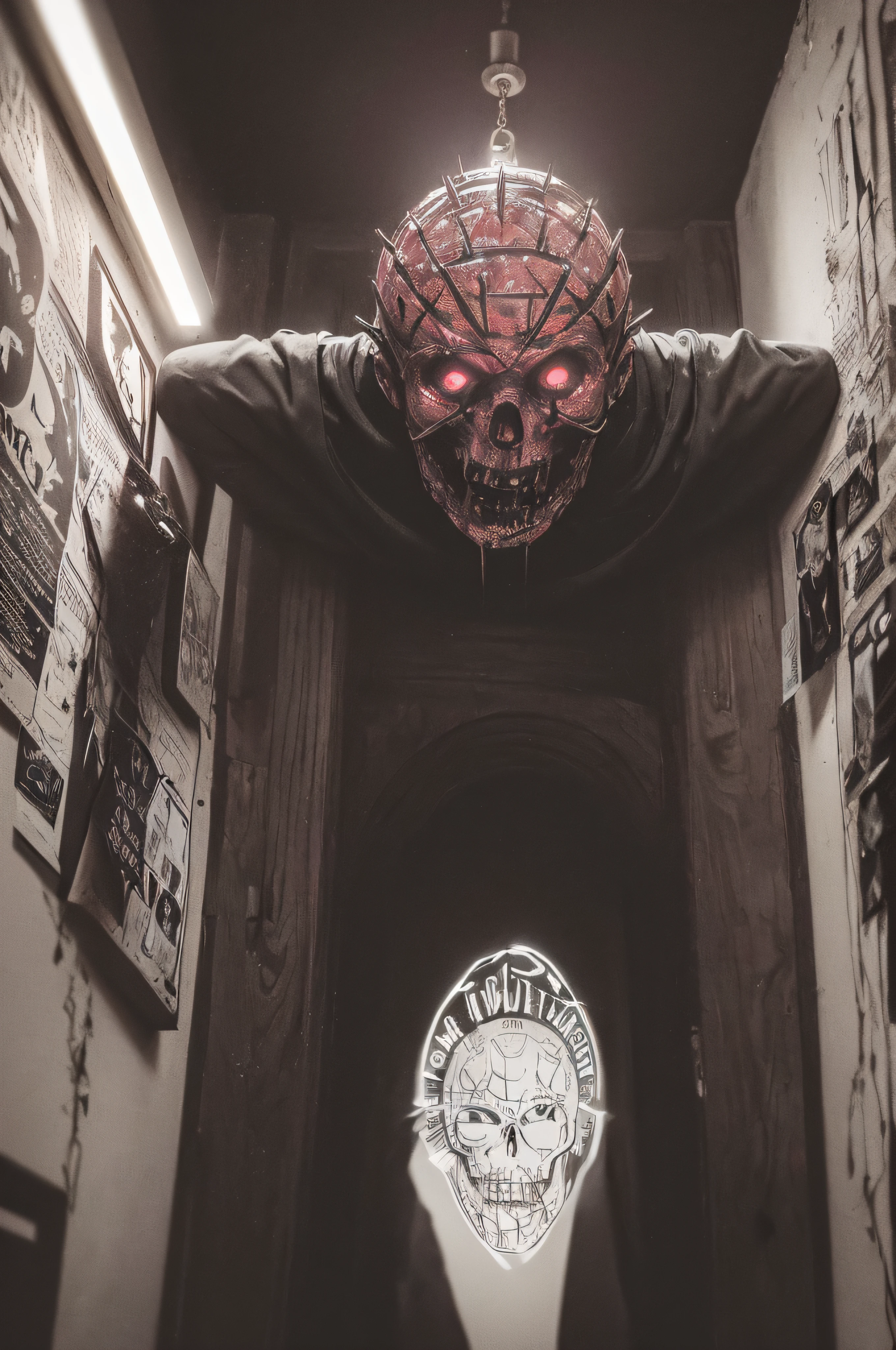 "(The best lighting, oscuro, dramatic),(feto calavera alien, Hellraiser, Cicatrices, , sexy, cerebro, sangre, una rata dentro de la cabeza, terror.),(ojos rojos, calaveras). morning light.