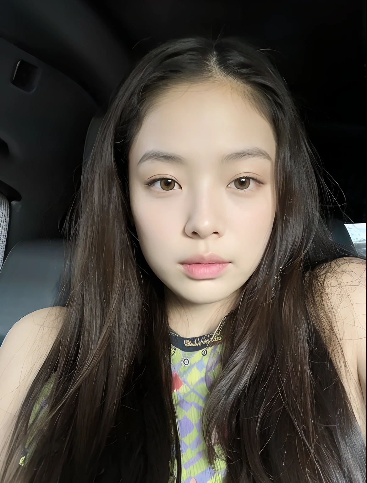 Muchacha arafed con el pelo largo sentada en un coche, Blackpink Jennie, Asian face, Jossi de Blackpink, south east asian with round face, Jaeyeon Nam, 18 years old, young cute wan asian face, Wenfei Ye, sin maquillaje, Gongbi, con el pelo largo, Heonhwa Choe, Xintong Chen, Chiho