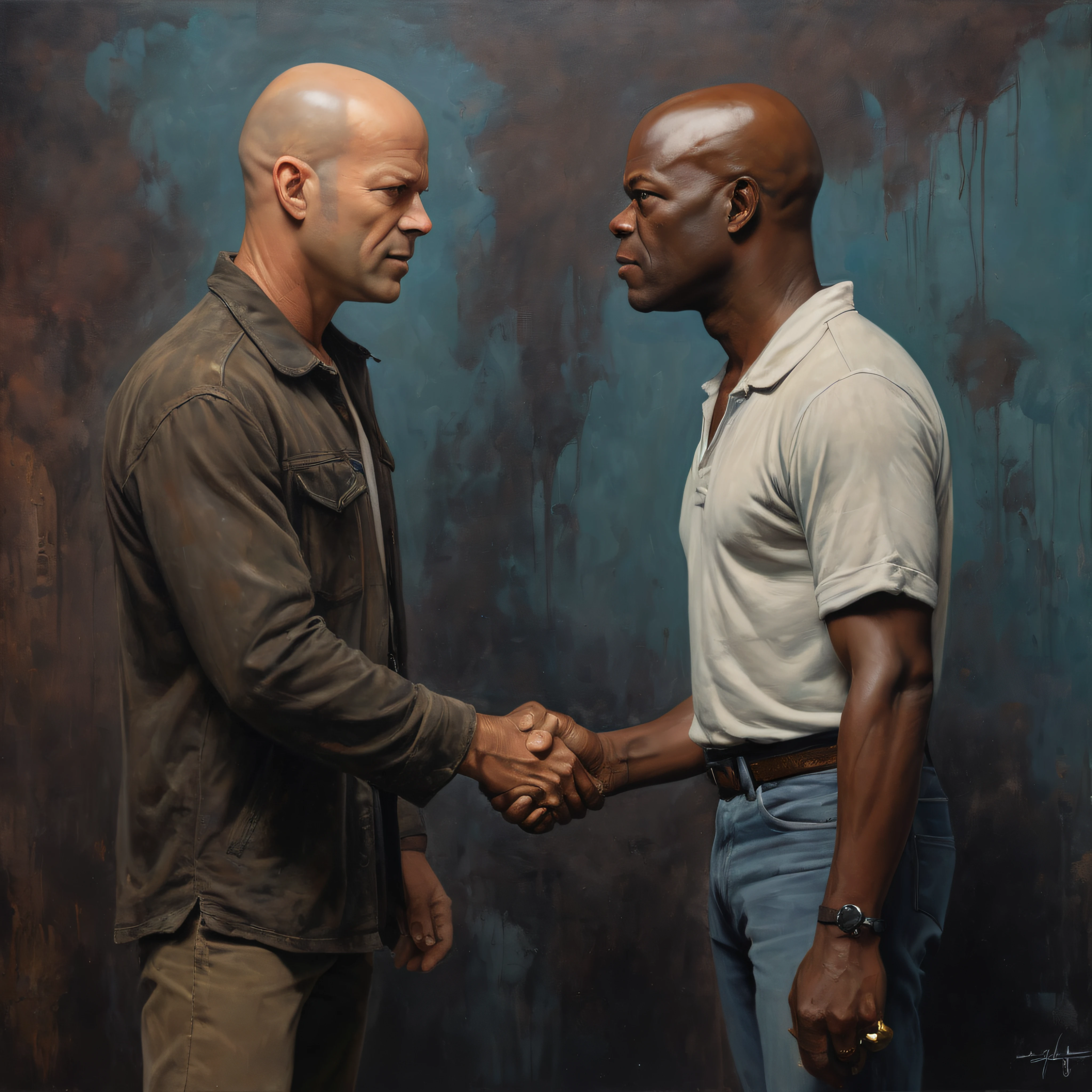Full body portrait, head to toe, a young Bruce Willis and a young Samuel L. Jackson shaking hands, a dark, stained wall in the background, oil painting on canvas, in the style of Frank Frazetta, 32k UHD, Vibrant, extremely colorful, sharp, detailed,