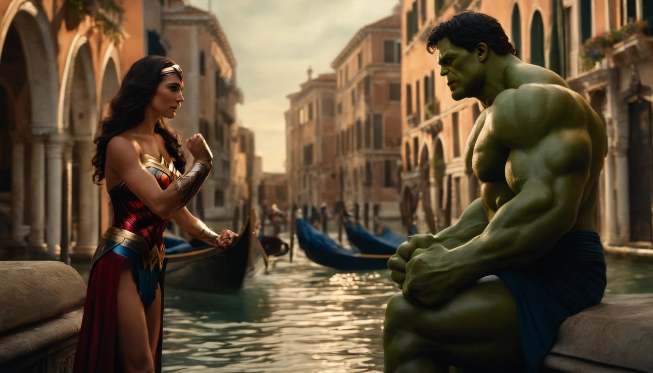 [Hulk and Wonder Woman enjoying the beauty of Venice, showing their love and the city's charm], black hair, hyperrealism, cinematic lighting, high details, masterpiece, best quality, 8k, UHD, accurate, anatomically correct, super details , high details, high quality, best quality, high resolution, HD