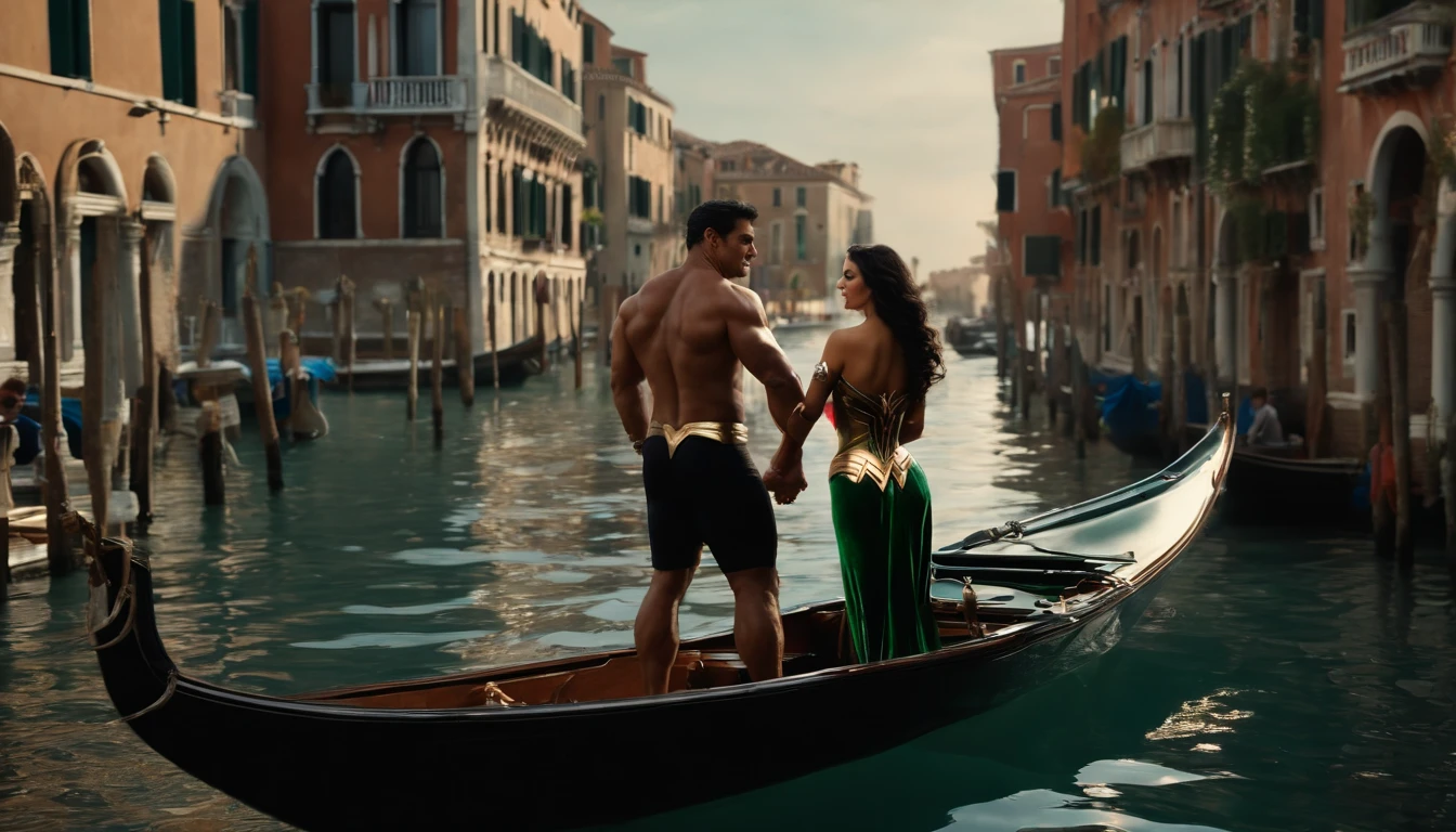 [Hulk and Wonder Woman enjoying the beauty of Venice, showing their love and the city's charm], black hair, hyperrealism, cinematic lighting, high details, masterpiece, best quality, 8k, UHD, accurate, anatomically correct, super details , high details, high quality, best quality, high resolution, HD