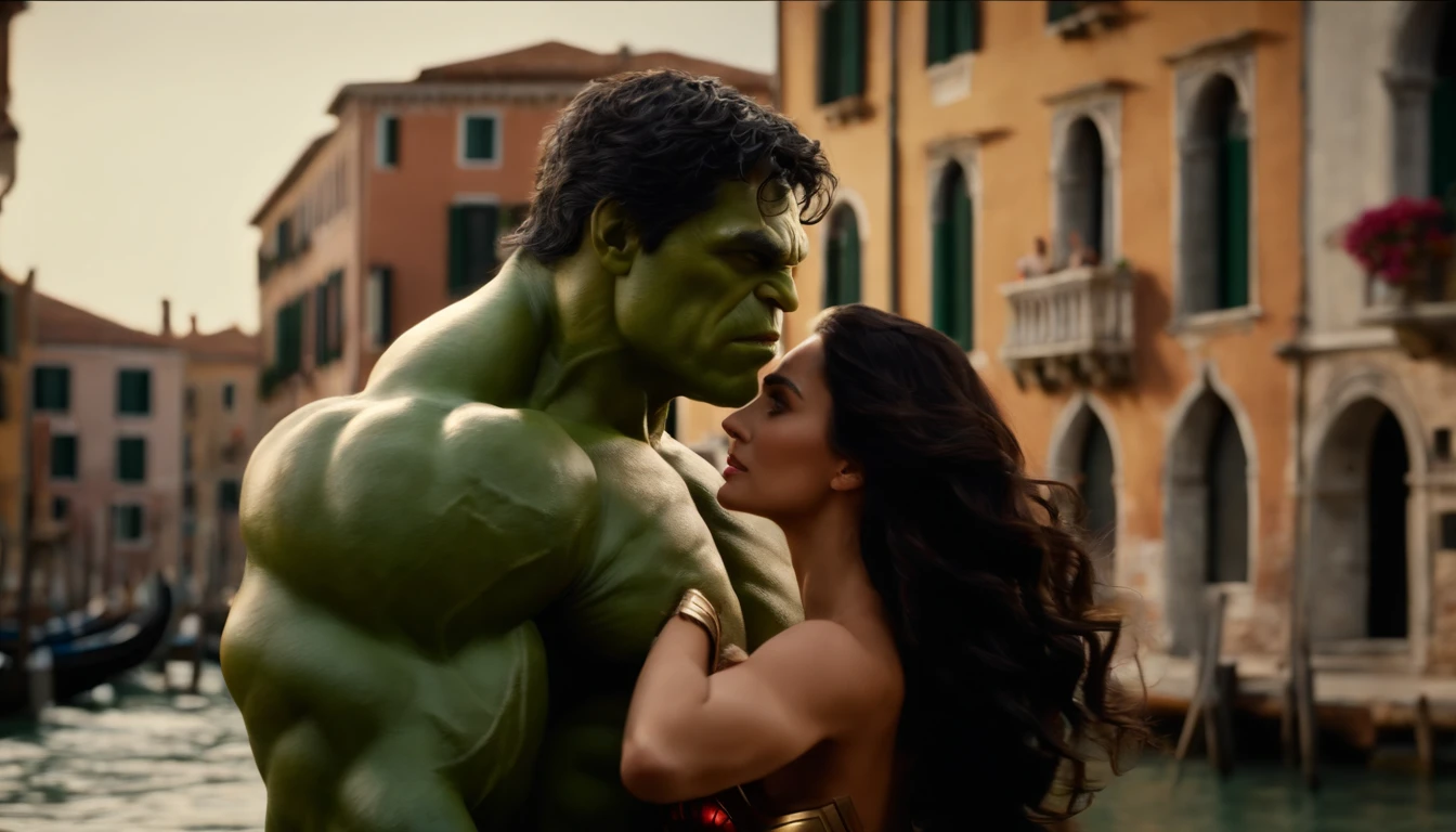[Hulk and Wonder Woman enjoying the beauty of Venice, showing their love and the city's charm], black hair, hyperrealism, cinematic lighting, high details, masterpiece, best quality, 8k, UHD, accurate, anatomically correct, super details , high details, high quality, best quality, high resolution, HD