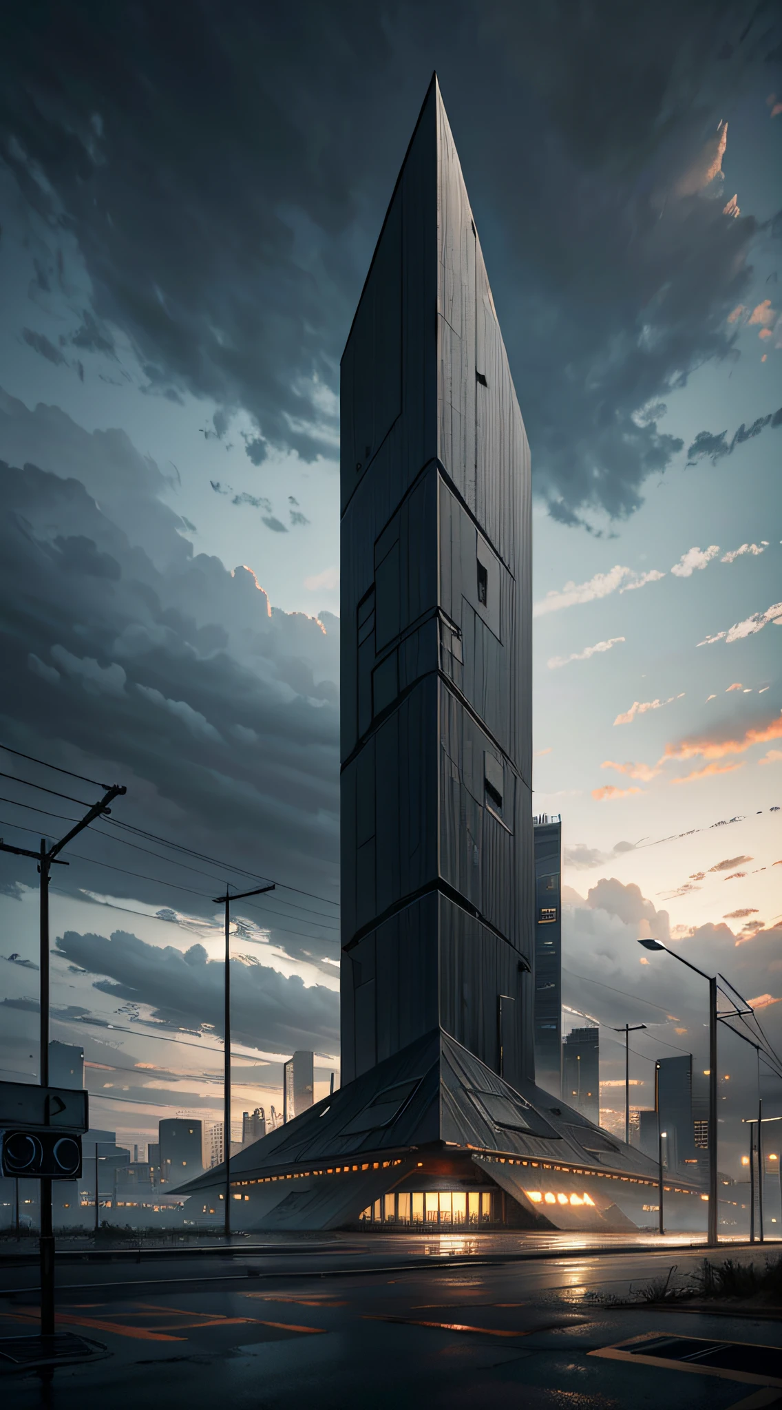 hopeless landscape, dystopic urban landscape, giant triangular steel plate building, giant gray steel fan, dark overcast sky, hopeless art