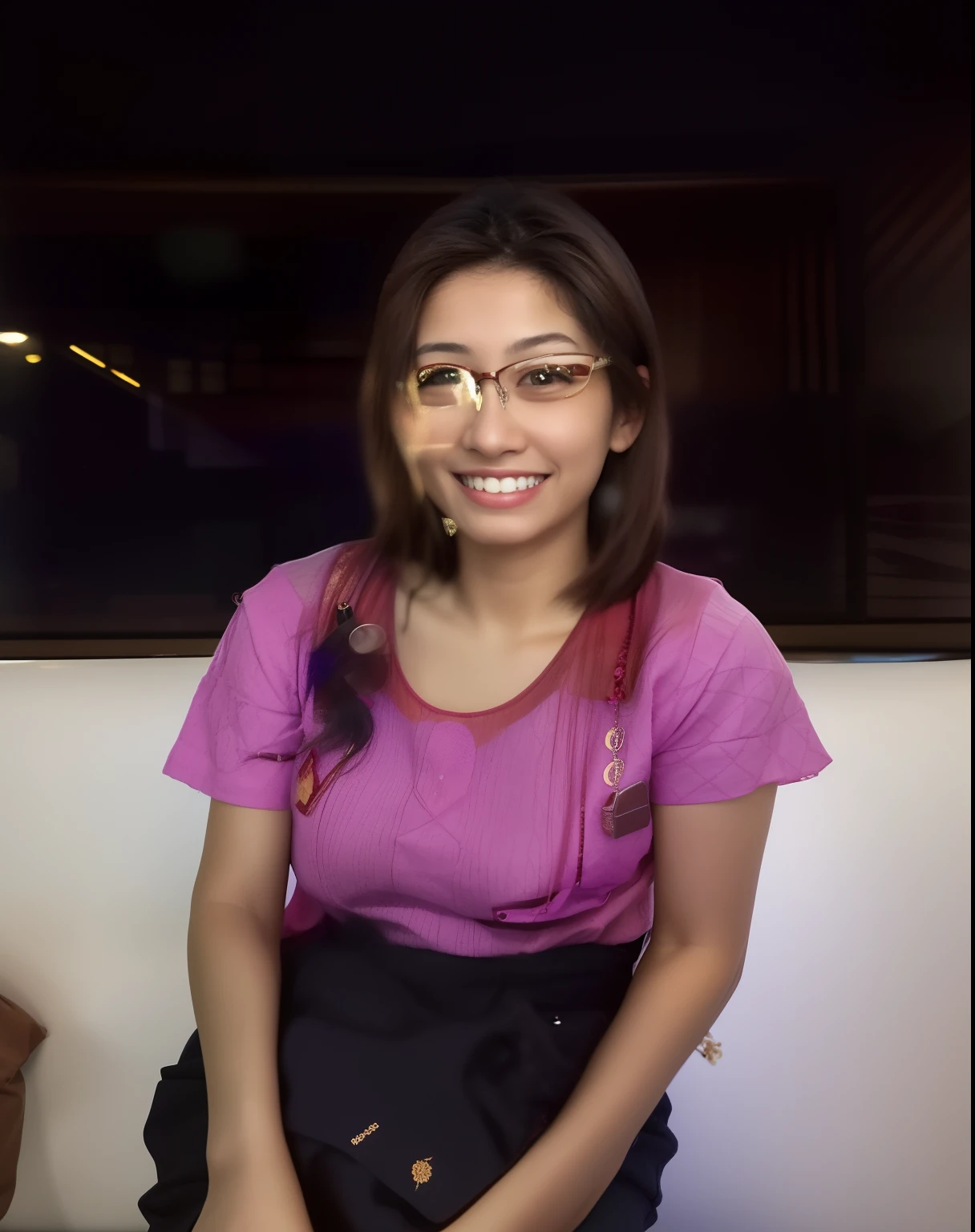 Smiling woman in glasses sitting on a bench in front of a window, Alanis Guillen, 18 anos, 1 6 anos, imagem de qualidade muito baixa, imagem de perfil, em torno de 1 9 anos, Violeta Myers, leve sorriso nerd, Lorena Avarez, taken in the early 2020s, girl with glasses