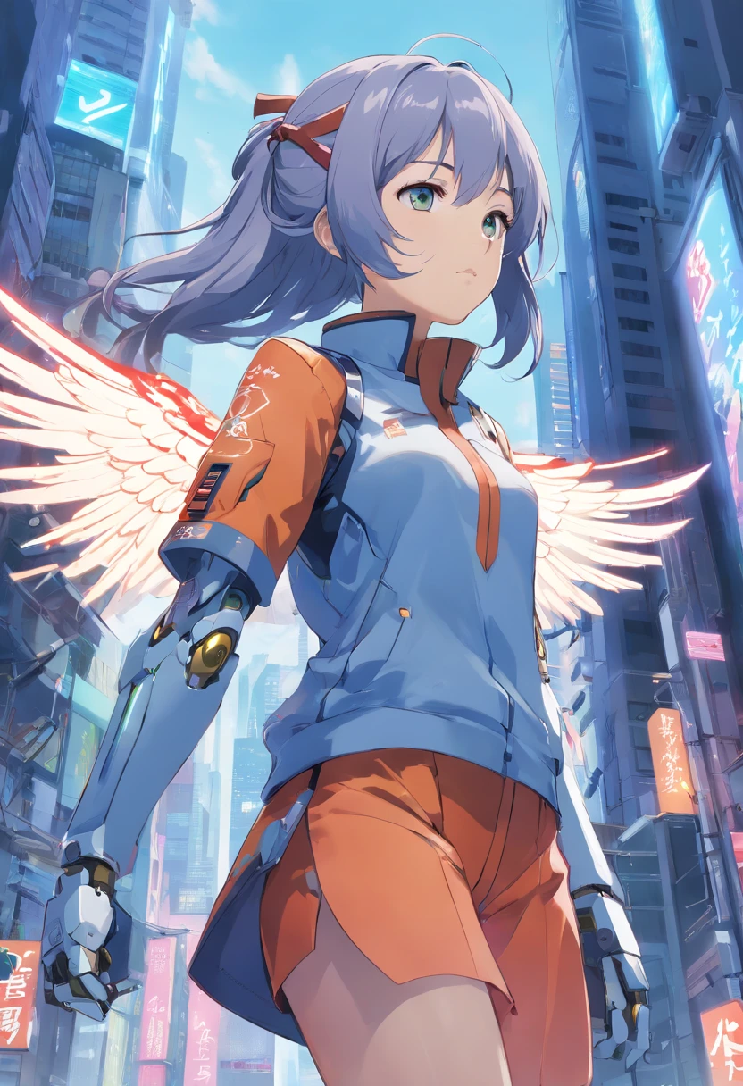 From Side、top-quality、ighly detailed、masterpiece、ultra-detailliert、illustratio、((1girl in))、silber hair、length hair、Floating hair、Exoskeleton tights、mechs、Cyber City、Neon building、(The upper part of the body:1.05)、extremely_Detailed_Eyes_And_Face,cybernetic wings、mechanical wing、Fighting stance、Skyscraper、、mecha musume、shrine maiden
