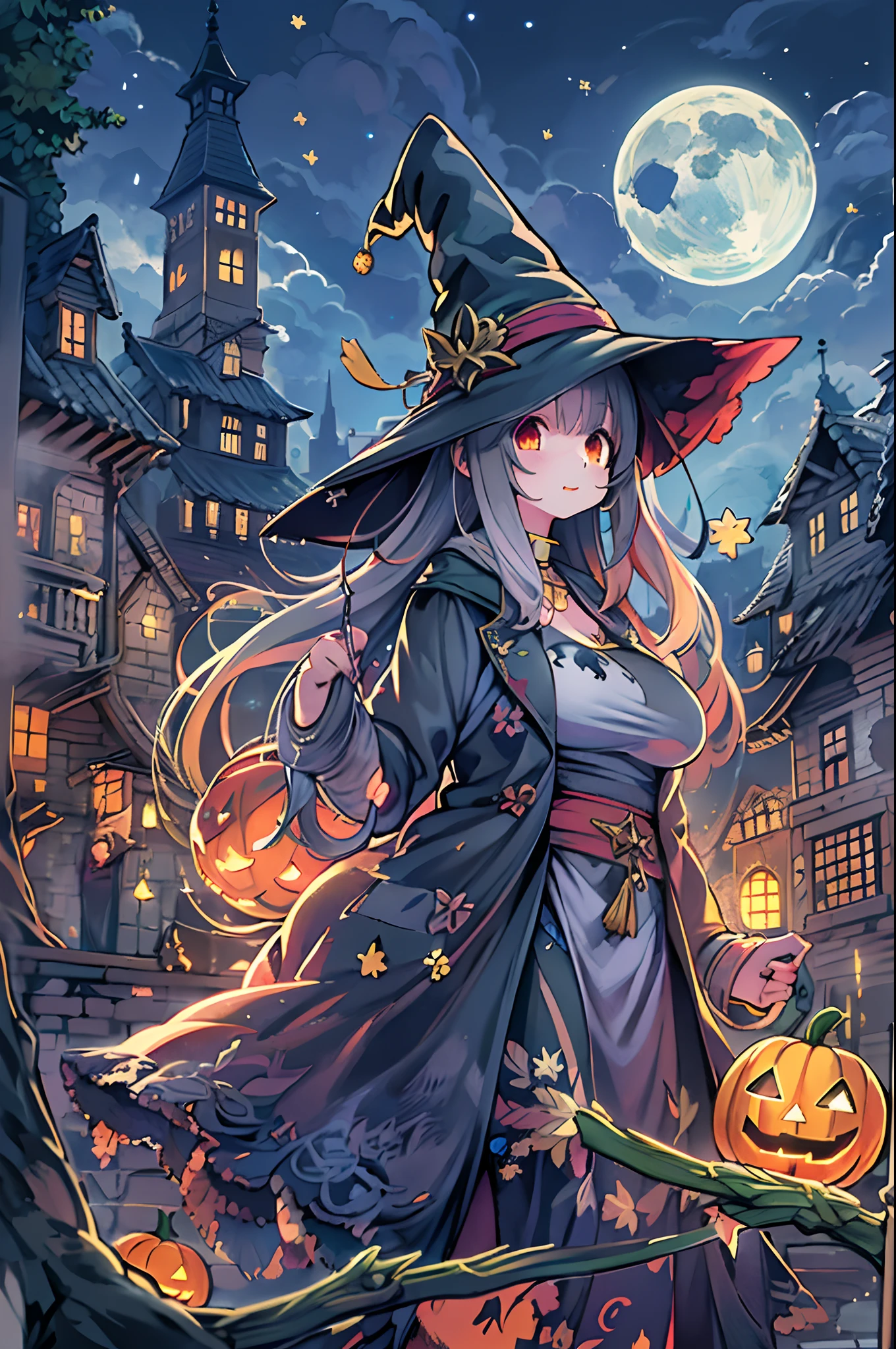 masutepiece, Best Quality, Charming Halloween 8 year old witch, Random coloring,2D, planar vector, T-shirt design, Colorful splashes, Fantasy Art, Watercolor effect,Digital Painting, white bg, 8K、night cityscape,bbw、Anime style