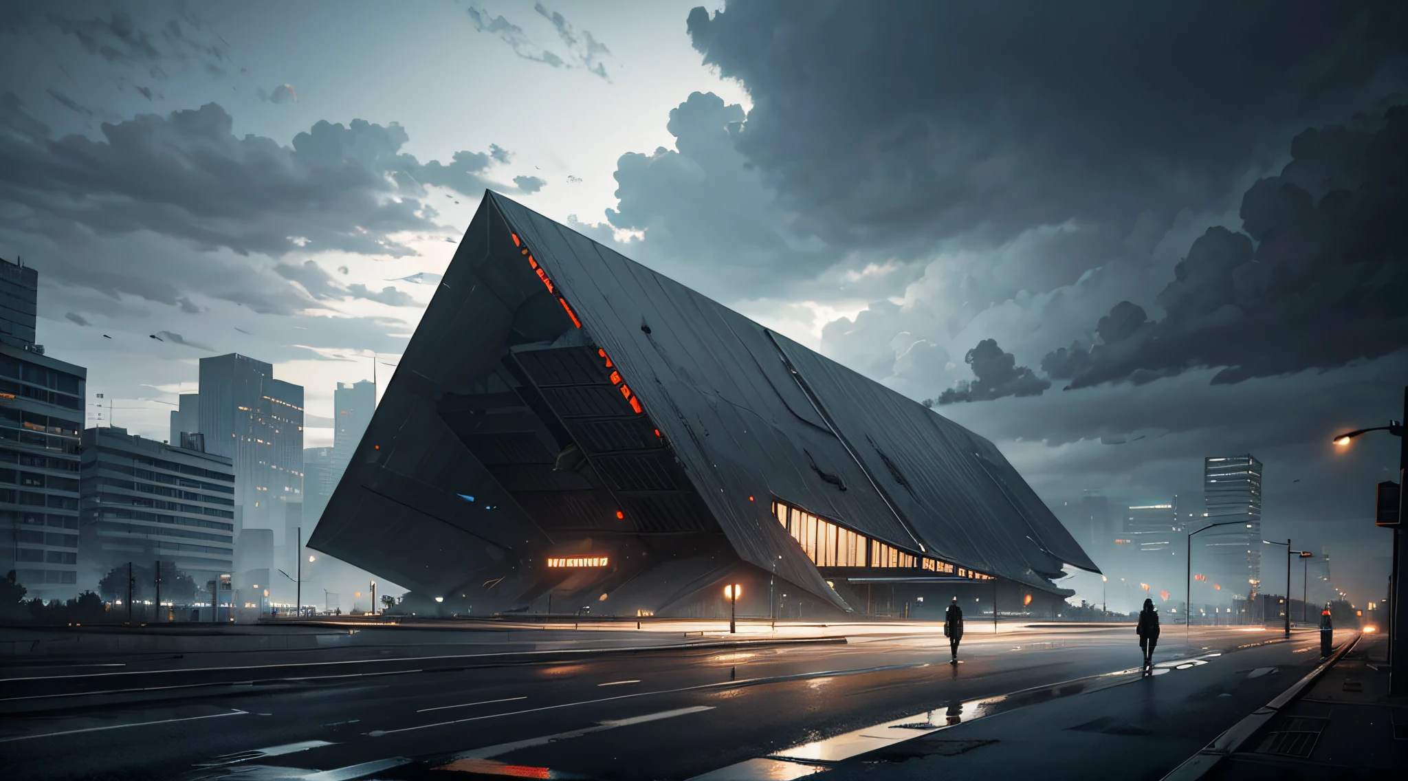 hopeless landscape, dystopic urban landscape, giant triangular steel plate building, giant gray steel fan, dark overcast sky, hopeless art