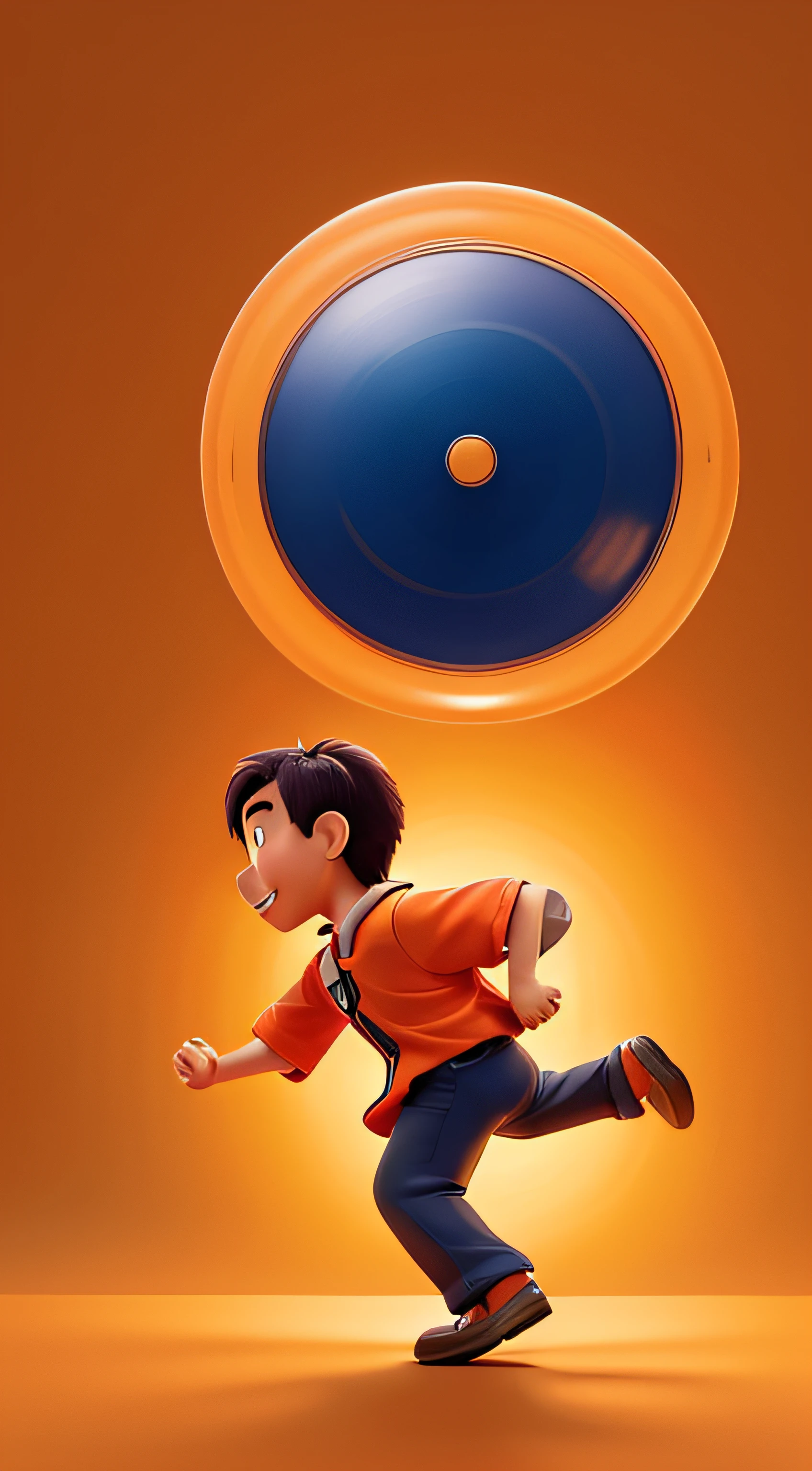 A Japanese man running in a hamster wheel with an orange background, high quality, best quality, in Disney Pixar Poster style.