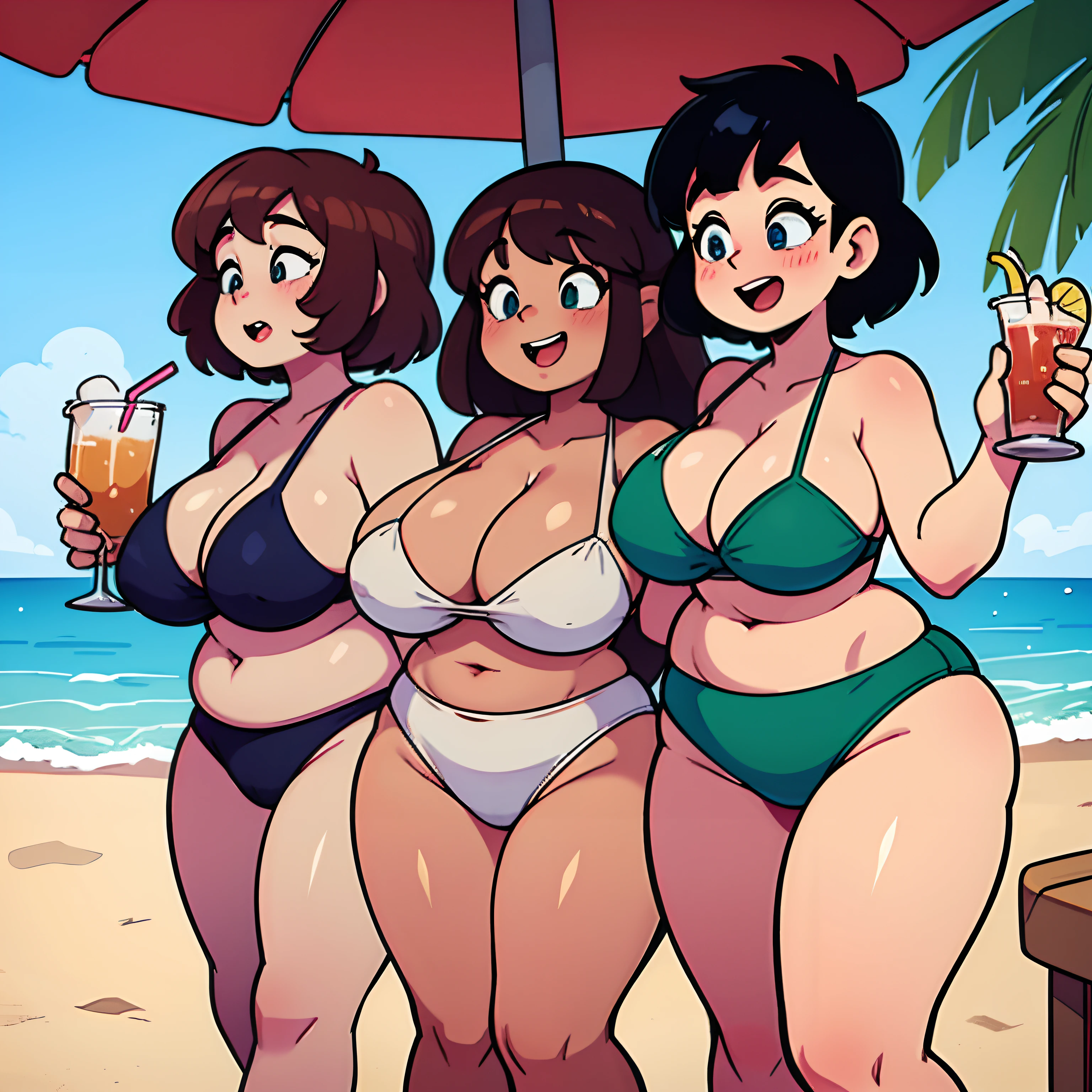 Group of chubby women, very large bellies, holding drinks, laughing, large thighs, at the beach,