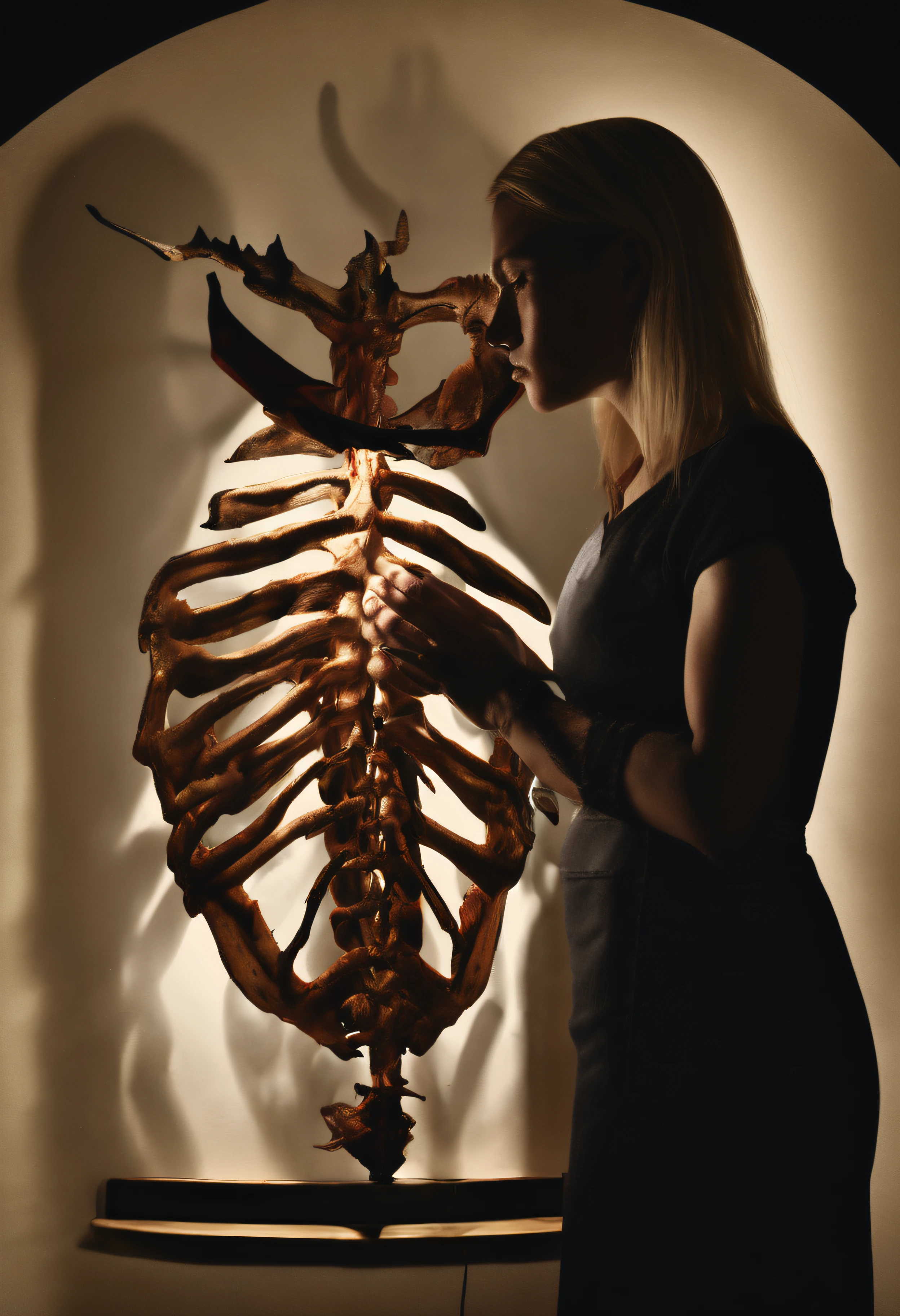 "(The best lighting, alto contraste, oscuro, dramatic),(Chica rubia junto a una cabra negra gigante, Open the rib cage, feto, autopsia, huesos humanos, sangre por las paredes). Luz Caravaggio"