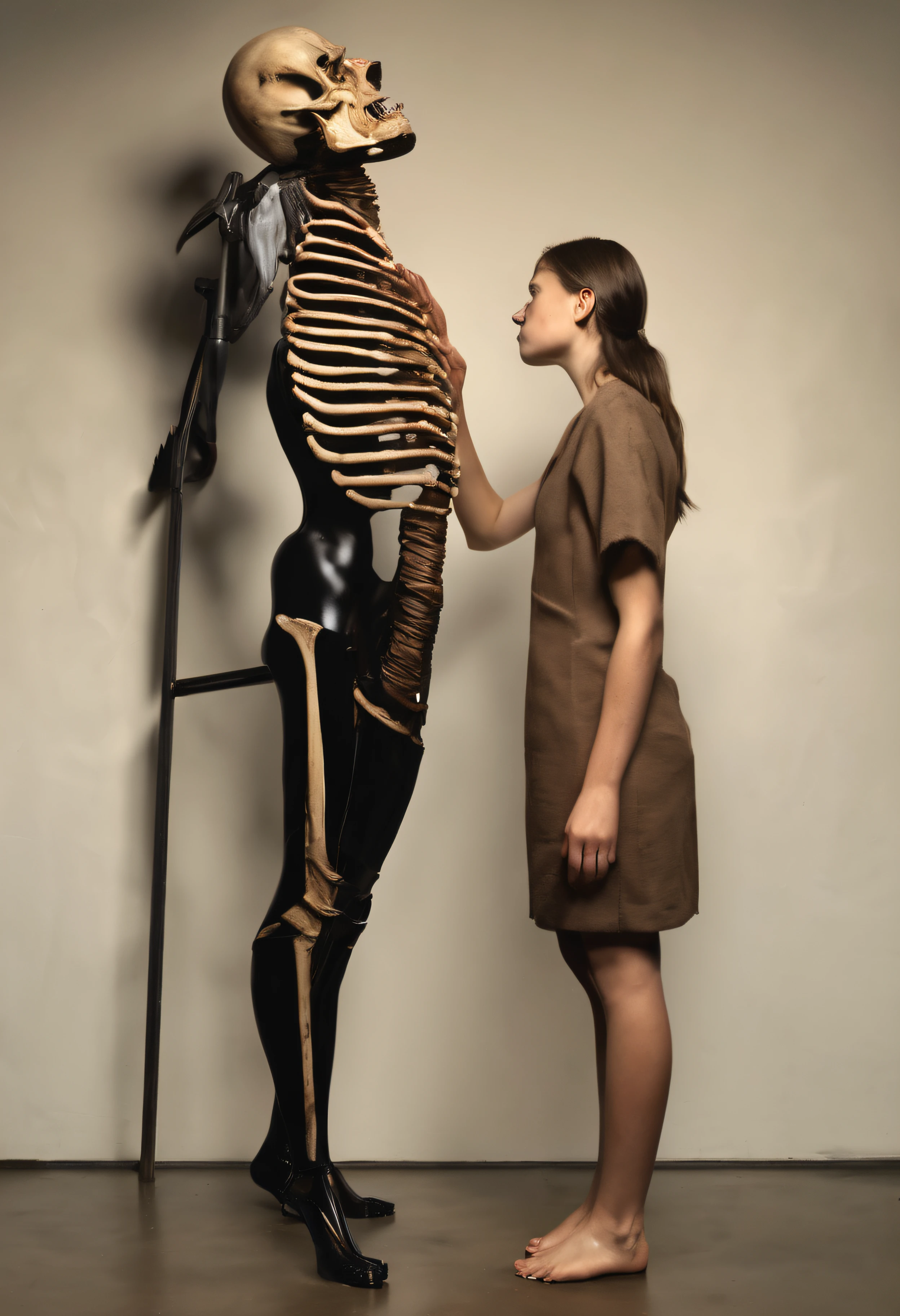 "(The best lighting, alto contraste, oscuro, dramatic),(Chica rubia junto a una cabra negra gigante, Open the rib cage, feto, autopsia, huesos humanos, sangre por las paredes). Luz Caravaggio"