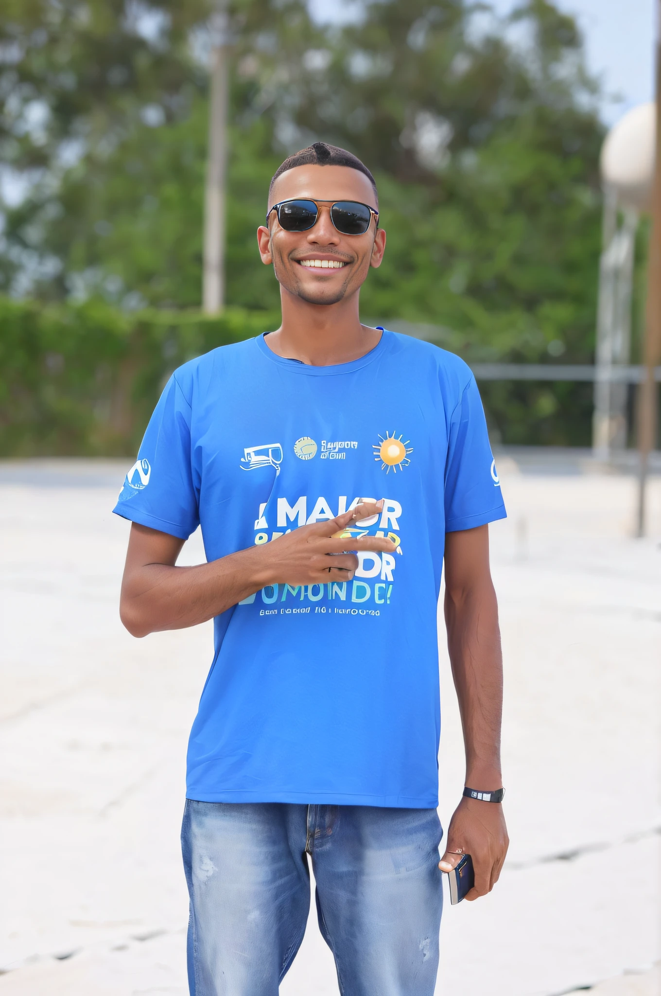 Homem pardo, sorriso largo, Round Sun Ocules, Black strap on left arm, cavanhaque, cabelo castanho