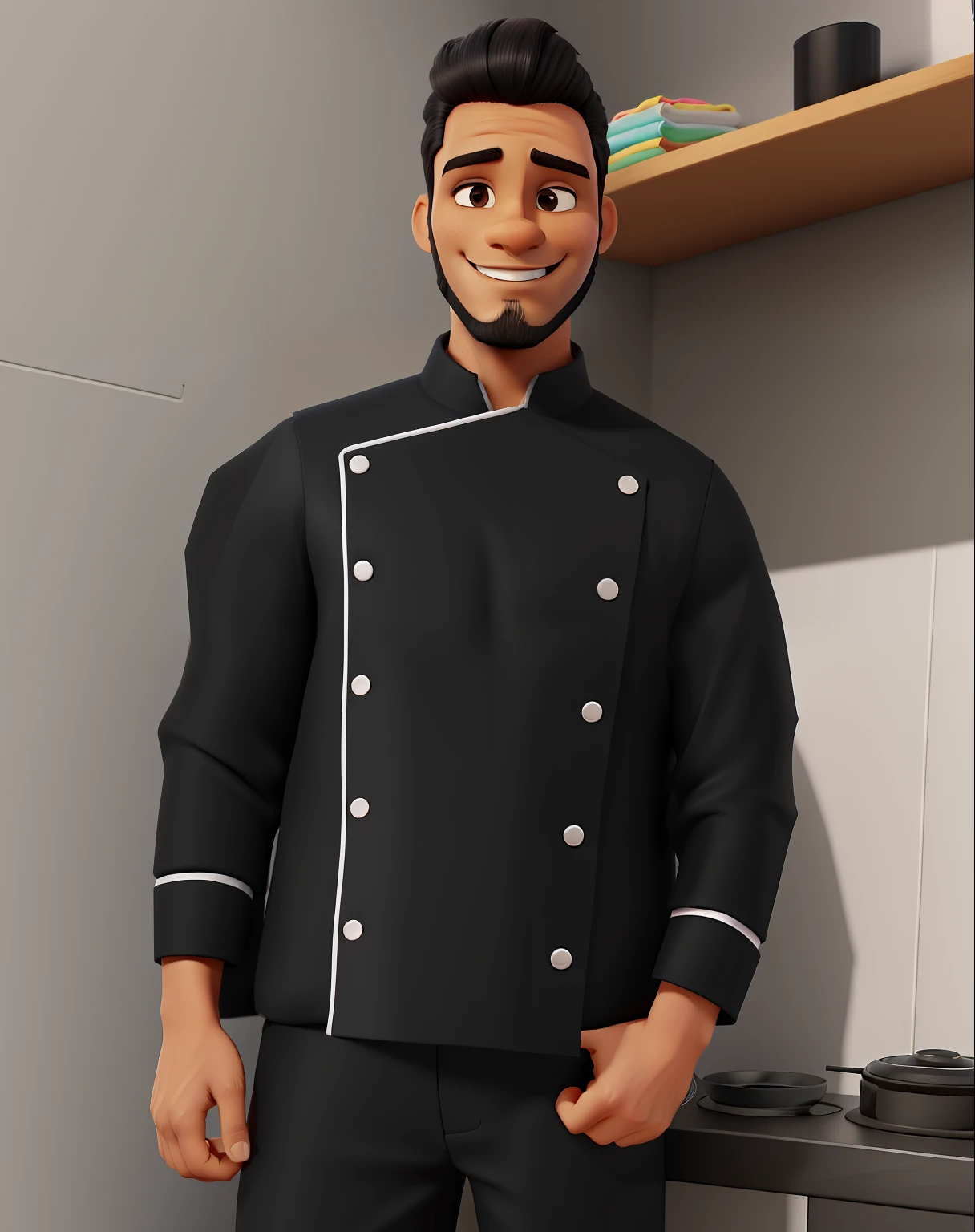 Criar um pixel de um homem com pele parda confeiteiro com cabelo degrade, cabelo preto,com barba com 25 anos de idade sorrindo e segurando um bolo, Dressed in a black dolma