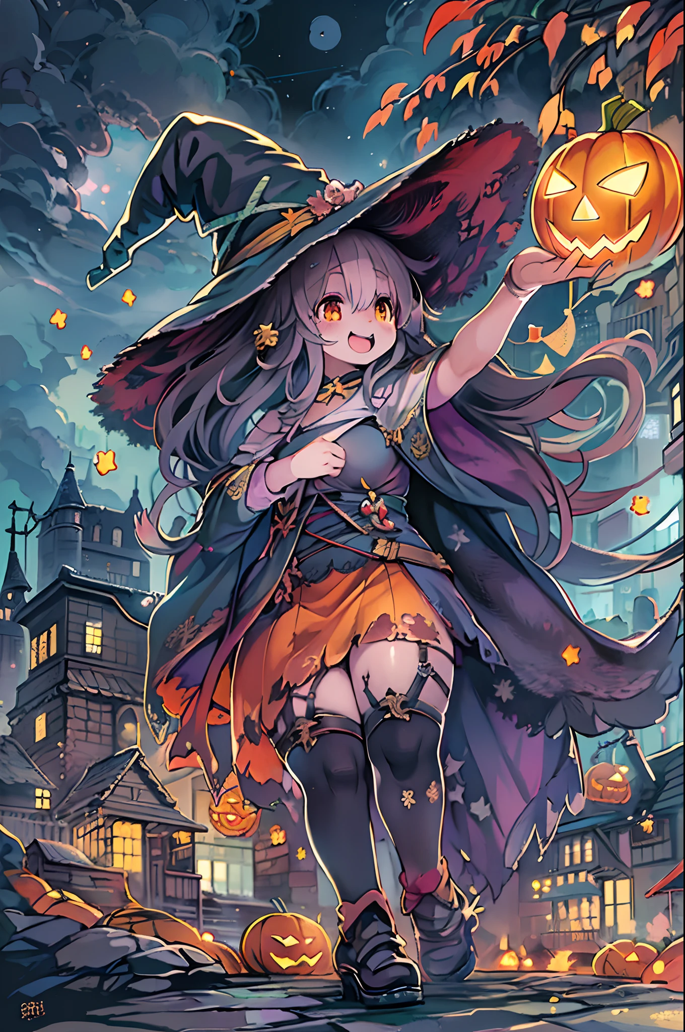 masutepiece, Best Quality, Charming Halloween 8 witch, Random coloring,2D, planar vector, T-shirt design, Colorful splashes, Fantasy Art, Watercolor effect,Digital Painting, white bg, 8K、night cityscape,bbw、huge-breasted