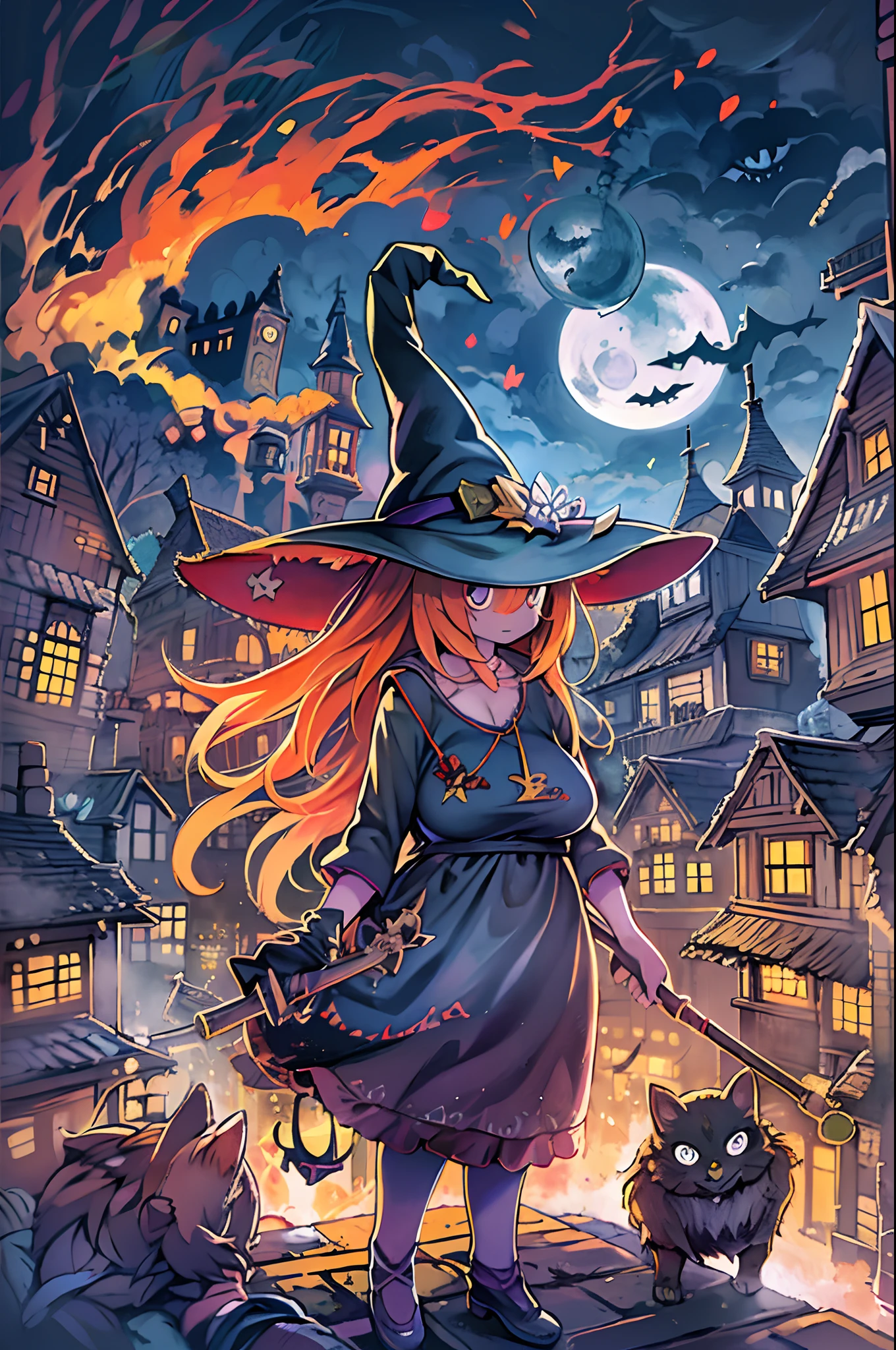 masutepiece, Best Quality, Charming Halloween 8 year old witch, Random coloring,2D, planar vector, T-shirt design, Colorful splashes, Fantasy Art, Watercolor effect,Digital Painting, white bg, 8K、night cityscape,bbw