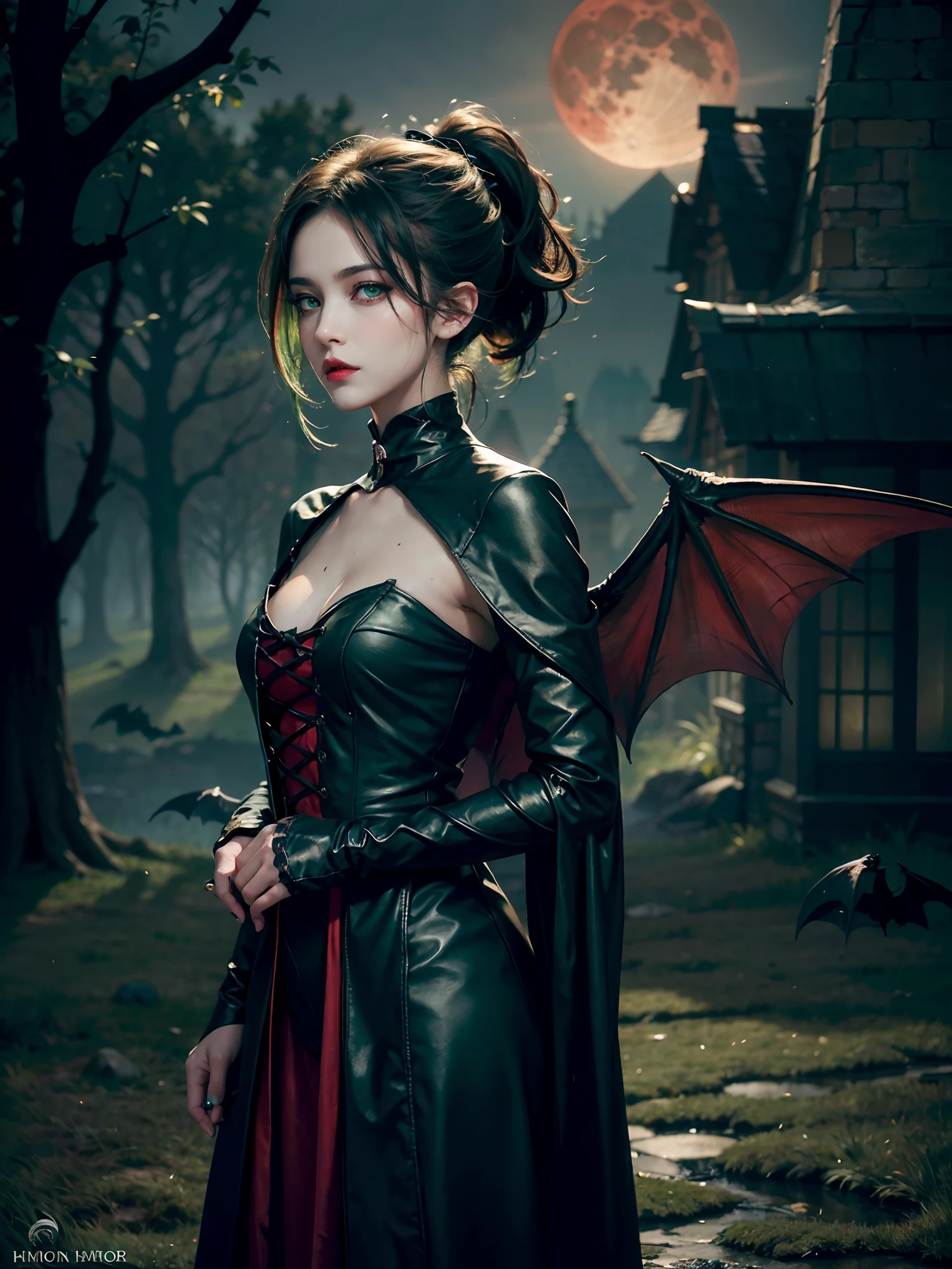 Medium shot, full body, perfect body, showing her for proniment sharp canine sharp focus, woman focus (Best Illustration), 8k Resolution, Intricate Details, Best Quality, Realistic, Ultra Detailed, Best Lighting, Best Shadows, Ultra HD, BREAK A Necromancer, Night, dark Magical auras, Dark Style, Vampire, Bat wings, (( alot of bats flying around, fog, blood splash on the ground, blood moon, red sky, dark theme)), (shining green eyes:1.6),(blood on the body and face and eyes:1.2)BREAK masterpiece, high_res, Beautiful face, tyndall effect, photo realistic, (high detailed skin:1.2), 8k uhd, dslr, high quality, Photograph, high resolution,(extremely detailed), 8k, Bokeh, BREAK medium breasts, absurdres, ponytail contorted, best ratio four finger and one thumb, (gothic style castle background) , mature,tall body, gothic style dress, A raven rests on her shoulder