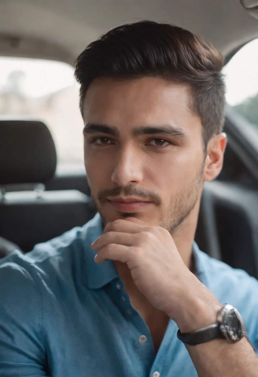 A man in a blue shirt sits in a car., Andres Rios, headshot profile picture, professional profile picture, Christian Orrillo, 2 , 2 8 years oldortrait, khyzyl saleem, 2 9 years old, Professio taken in the early 2020s, Very high quality images, profile portrait