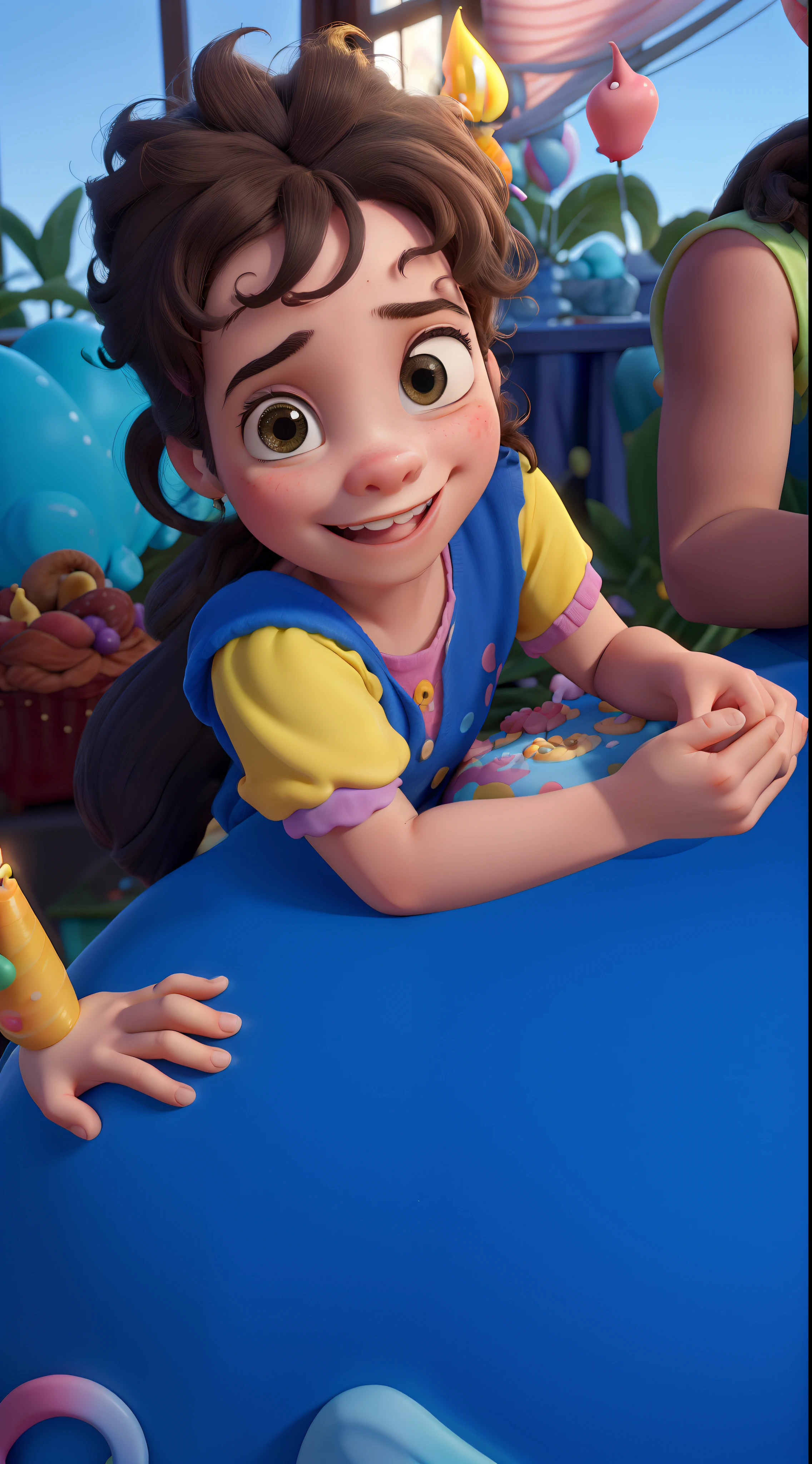 Uma de 3 anos no estilo disney pixar, with a birthday cake with 3 colorful candles