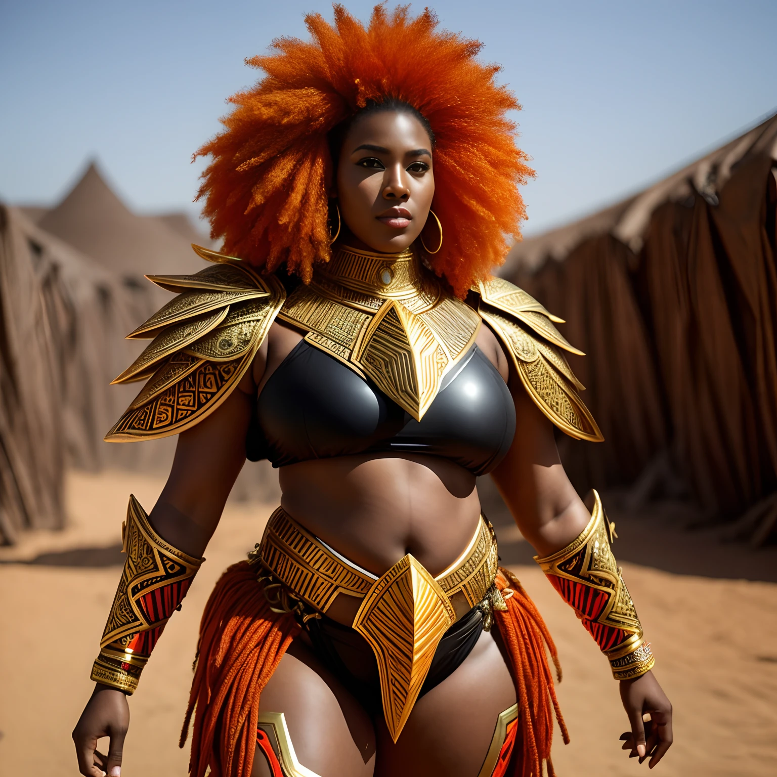 (8k, photo, best quality, masterpiece: 1.5), afrofuturistic clothes, thick body, ultra-detailed, photorealistic, african goddess of war wearing orange and white armor, dark skin and afro hair, holding a sword and shield, intricate details, war camp background, beautiful face, fat, thick body, Black Woman of 30 years old hunter and warrior, orange and white futuristic african war armor, massive armor with traditional african details, african details, afrofuturism, action pose, red color details, fire particles, thick body, african luxury jewelry, orisha, thick body, military camp in fire