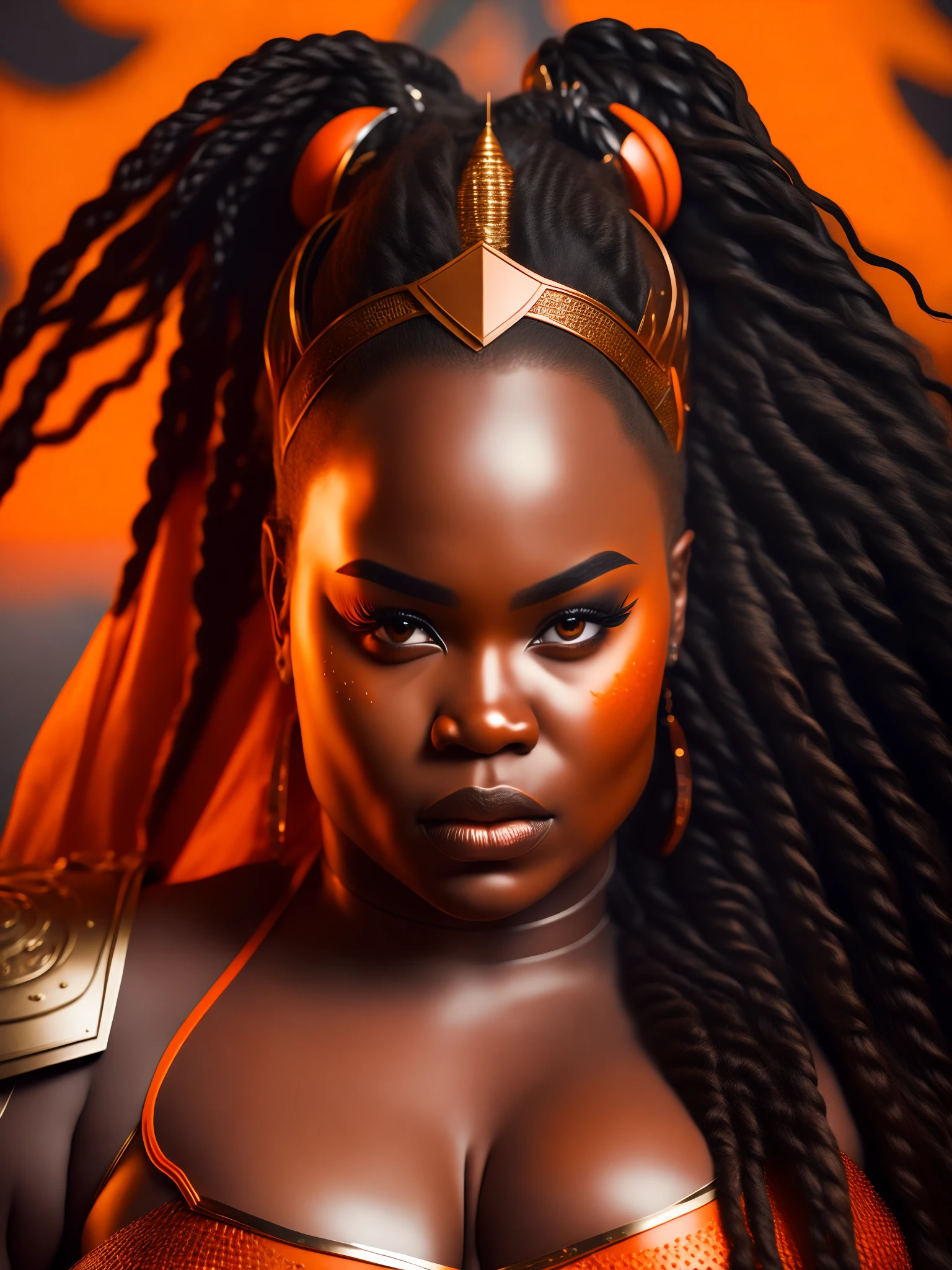 (((photograph))), (((hyperrealism))), award-winning photo, fat body, thick body, a black goddess wearing a orange warrior armor, armor, dreadlocks long hair elegant beautiful, (masterpiece) (best quality) (detailed) (8k) (HDR) (wallpaper) (cinematic lighting) (sharp focus) (intricate), action shot, warriors fighting in background, orange armor,