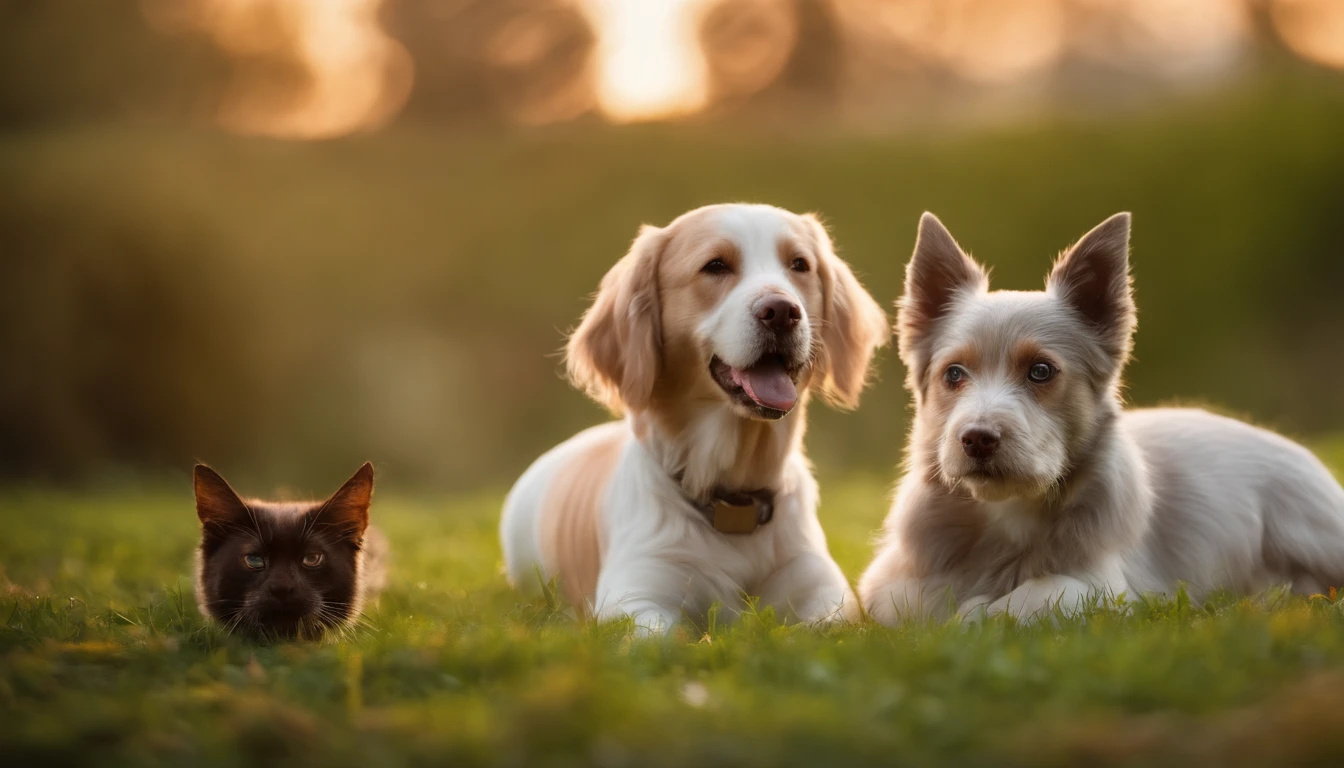 Create an engaging and detailed caption for a high-resolution 16:9 image featuring a professionally executed pet photoshoot. In this enchanting scene, a variety of charming and adorable pets, including dogs, cats, and even exotic animals, are harmoniously posed together on a lush and vibrant green lawn. This image is intended for use in a promotional campaign within the pet industry, showcasing the heartwarming and joyful moments of these pets as they interact and bond with each other in a stunning and visually captivating natural setting.