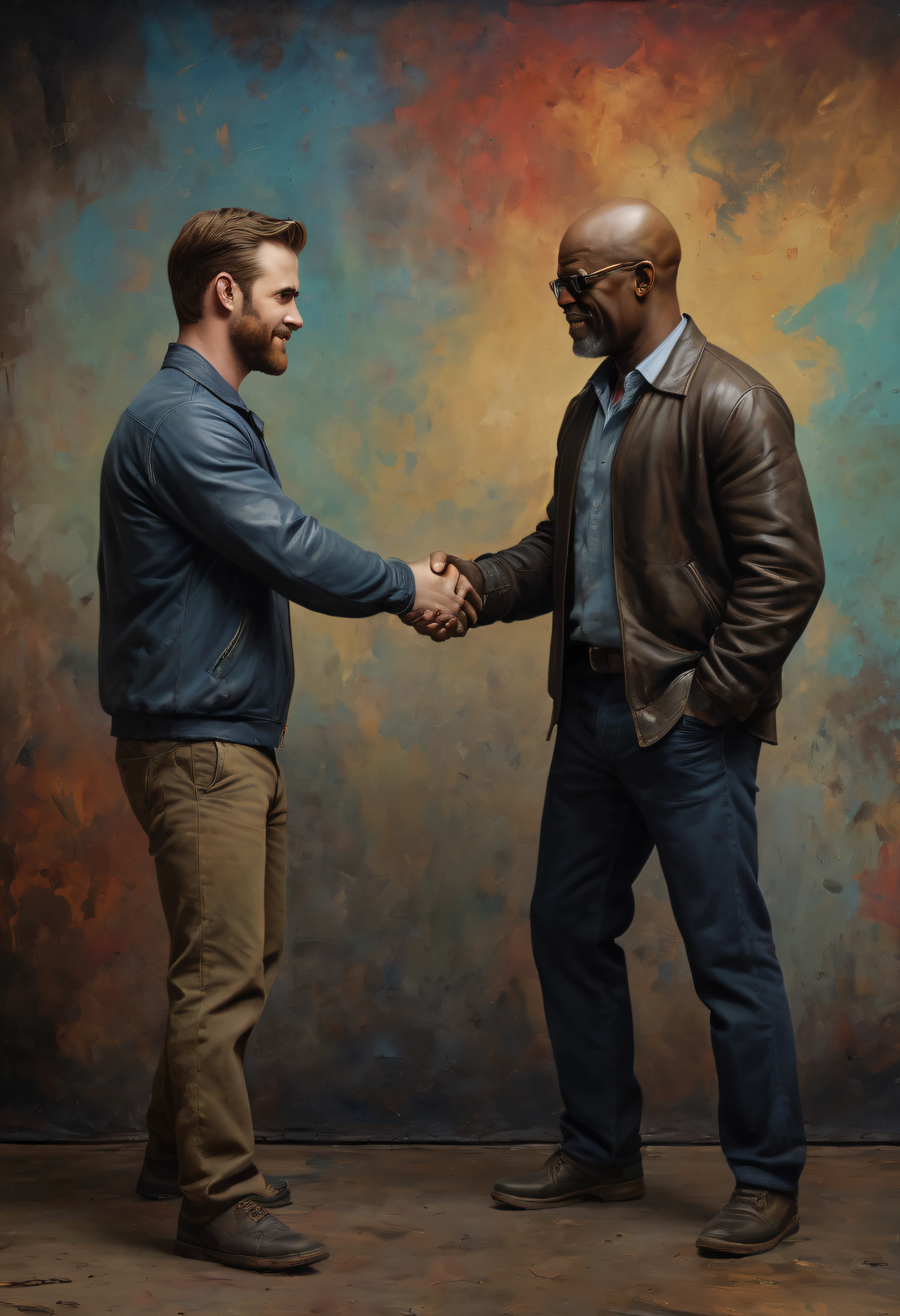 Full body portrait, head to toe, Chris Evans and Samuel L. Jackson shaking hands, a dark, stained wall in the background, oil painting on canvas, in the style of Frank Frazetta, 32k UHD, Vibrant, extremely colorful, sharp, detailed,