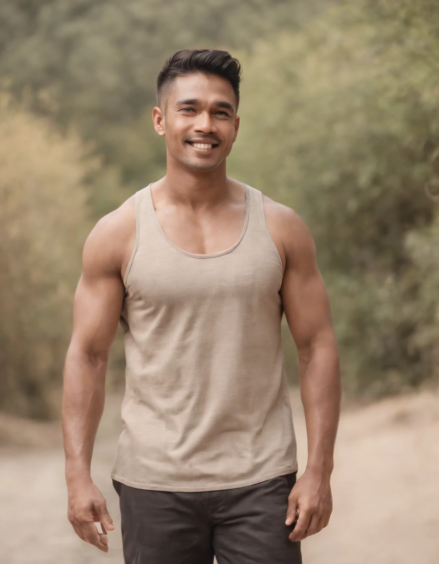((man)) Goodcoin , brown skin , brawny , reeds , Hardboy , Manly Face , Naughty smile, 25 years, Wear a short shirt., trousers , mid shot,leisure, road.((upper body))