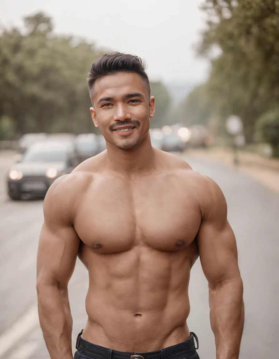 ((man)) Goodcoin , brown skin , brawny , reeds , Hardboy , Manly Face , Naughty smile, 25 years, Wear a short shirt., trousers , mid shot,leisure, road.((upper body))