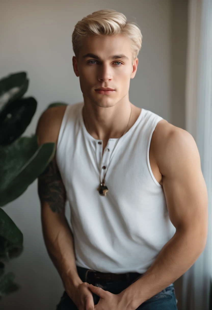 Young white man, Has very short hair and a very light blonde of European ethnicity.. He should have his back to the picture., Apartment Interior.