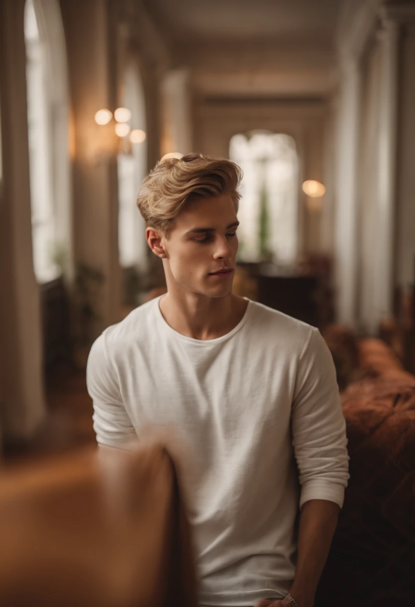 Young white man, Has very short hair and a very light blonde of European ethnicity.. He should have his back to the picture., Apartment Interior.