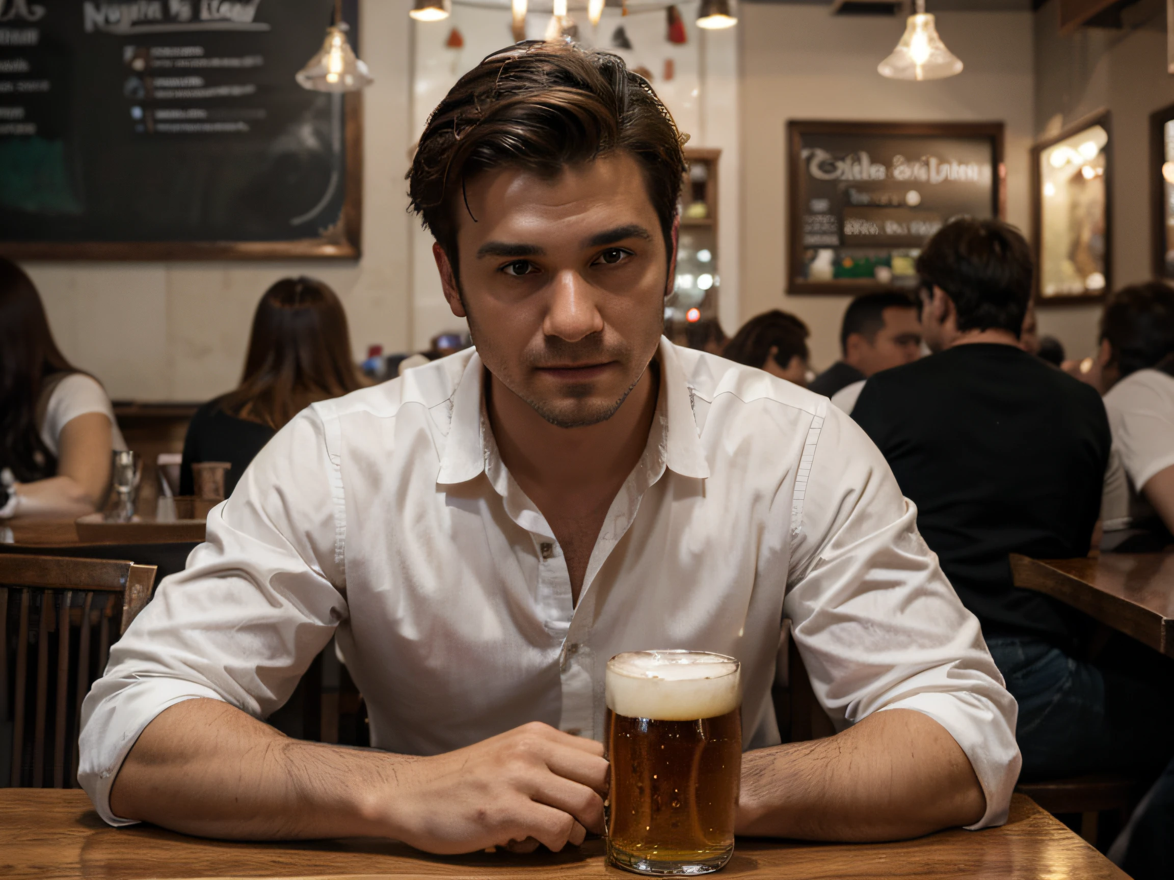 realistit ultra detailed photo of man in a white shirt sits with a glass of beer at a table in a crowded restaurant