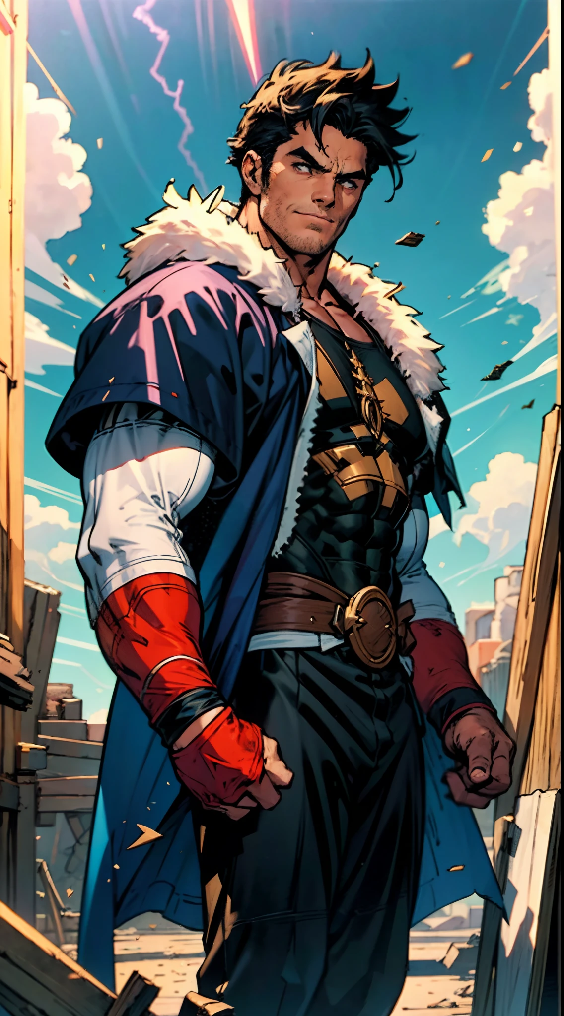 A middle-aged man of about 40, long hair in a striking red and black combination, wild and disheveled hairstyle, a fierce gaze, a confident smile, A lightning-shaped tattoo adorns his left face , a sturdy physique, a majestic fantasy-style coat with short sleeves, a form-fitting scale armor undershirt, Black fur shawl, wrist guards on his wrists, coarse cloth pants, e stands tall like a divine figure against a background of crumbling earth, with floating debris all around, this character embodies a finely crafted child with a fantasy-style dominant in anime style, characterized by an exquisite and mature manga illustration art style, high definition, best quality, highres, ultra-detailed, ultra-fine painting, extremely delicate, professional, anatomically correct, symmetrical face, extremely detailed eyes and face, high quality eyes, creativity, RAW photo, UHD, 8k, Natural light, cinematic lighting, masterpiece-anatomy-perfect, masterpiece:1.5