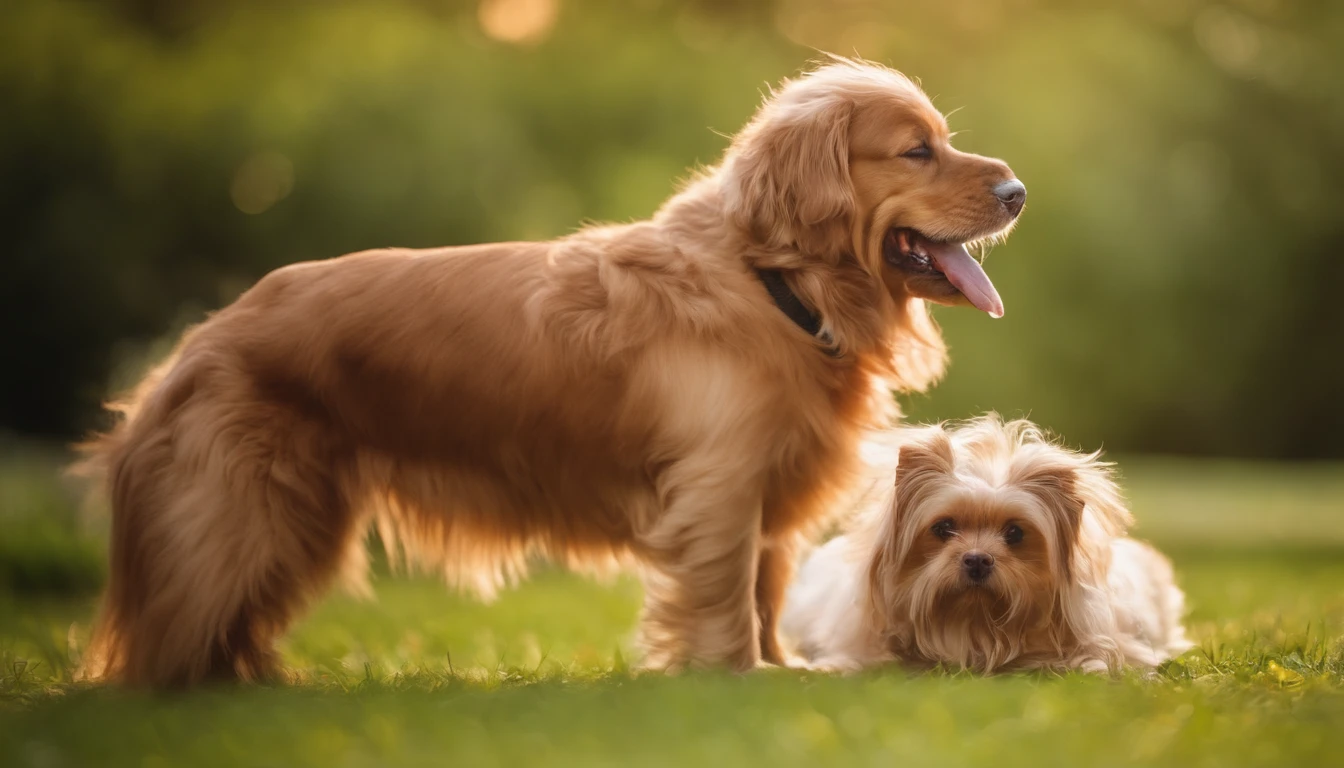 Create an engaging and detailed caption for a high-resolution 16:9 image featuring a professionally executed pet photoshoot. In this enchanting scene, a variety of charming and adorable pets, including dogs, cats, and even exotic animals, are harmoniously posed together on a lush and vibrant green lawn. This image is intended for use in a promotional campaign within the pet industry, showcasing the heartwarming and joyful moments of these pets as they interact and bond with each other in a stunning and visually captivating natural setting.