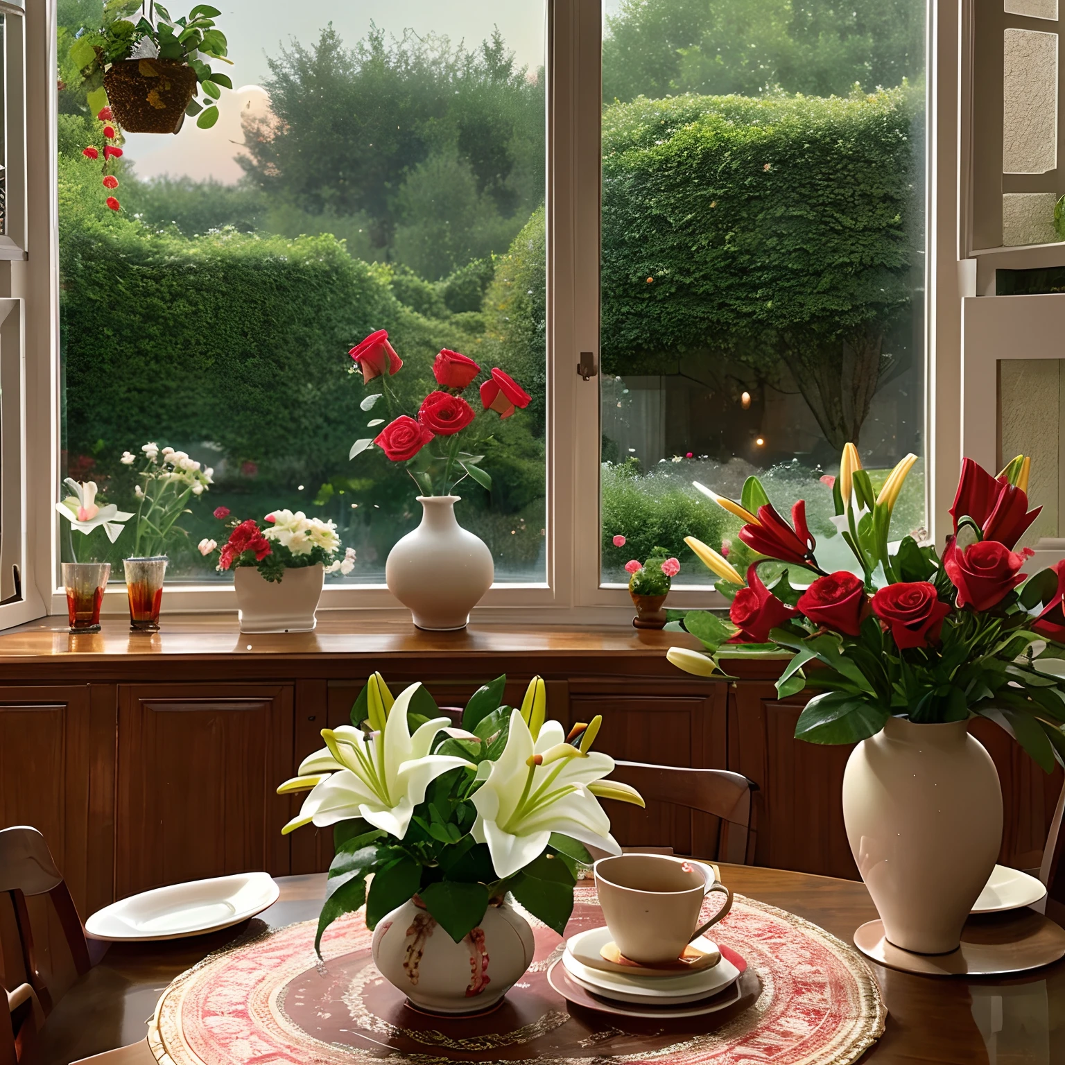 Stunning bouquet of roses and lilies in a ceramic vase, Red and white colors, Cozy room, wreath, Open Windows, Moon and stars, evening, comfortable atmosphere